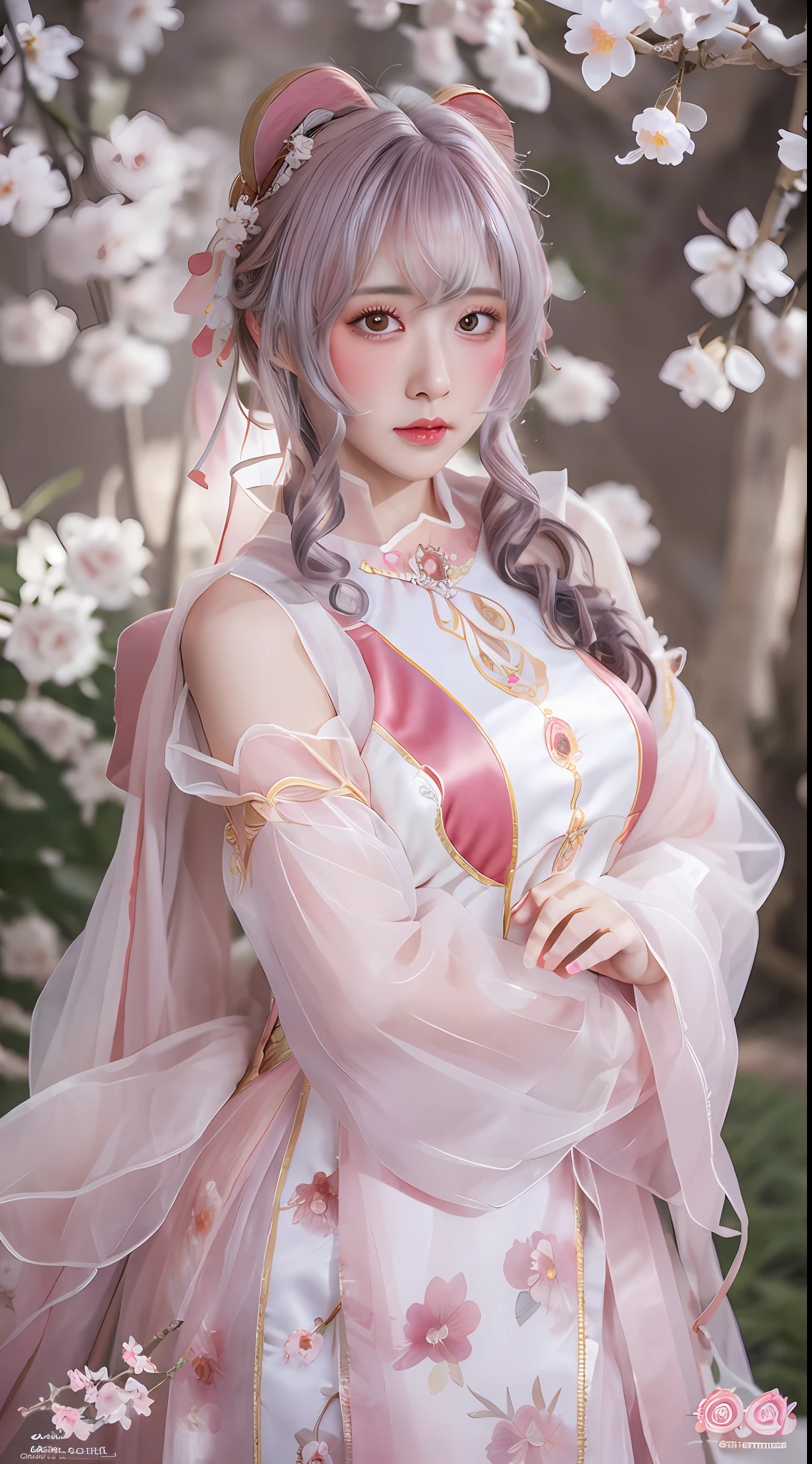 The highest quality, masterpiece, colorful, exquisite CG, crystal, pink peach blossom anthropomorphic, the whole body lies in petals, exquisite and beautiful face, beautiful eyes, watercolor, splashed ink, Chinese painting, pink crystal eyes, brown costume long hair, Hanfu, Chinese costume clothing, tulle, exquisite and complex peach blossom hair ornaments, pink + white peach blossoms, mist, starlight, highlight, withering falling light spots, rich picture, absolutely beautiful, charming, perfect, dreamy modification, ultra-clear, HD, 8k