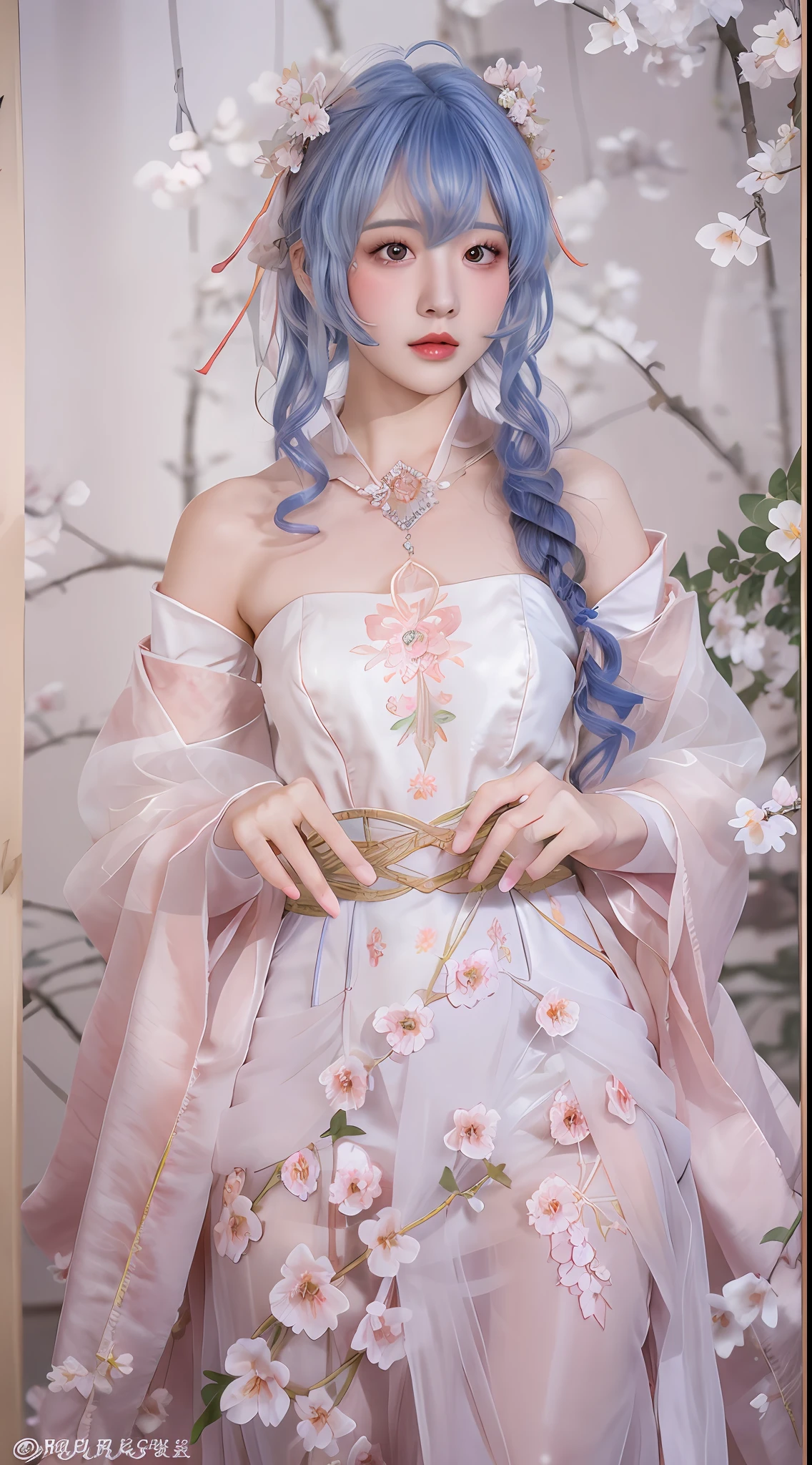 The highest quality, masterpiece, colorful, exquisite CG, crystal, pink peach blossom anthropomorphic, the whole body lies in petals, exquisite and beautiful face, beautiful eyes, watercolor, splashed ink, Chinese painting, pink crystal eyes, brown costume long hair, Hanfu, Chinese costume clothing, tulle, exquisite and complex peach blossom hair ornaments, pink + white peach blossoms, mist, starlight, highlight, withering falling light spots, rich picture, absolutely beautiful, charming, perfect, dreamy modification, ultra-clear, HD, 8k