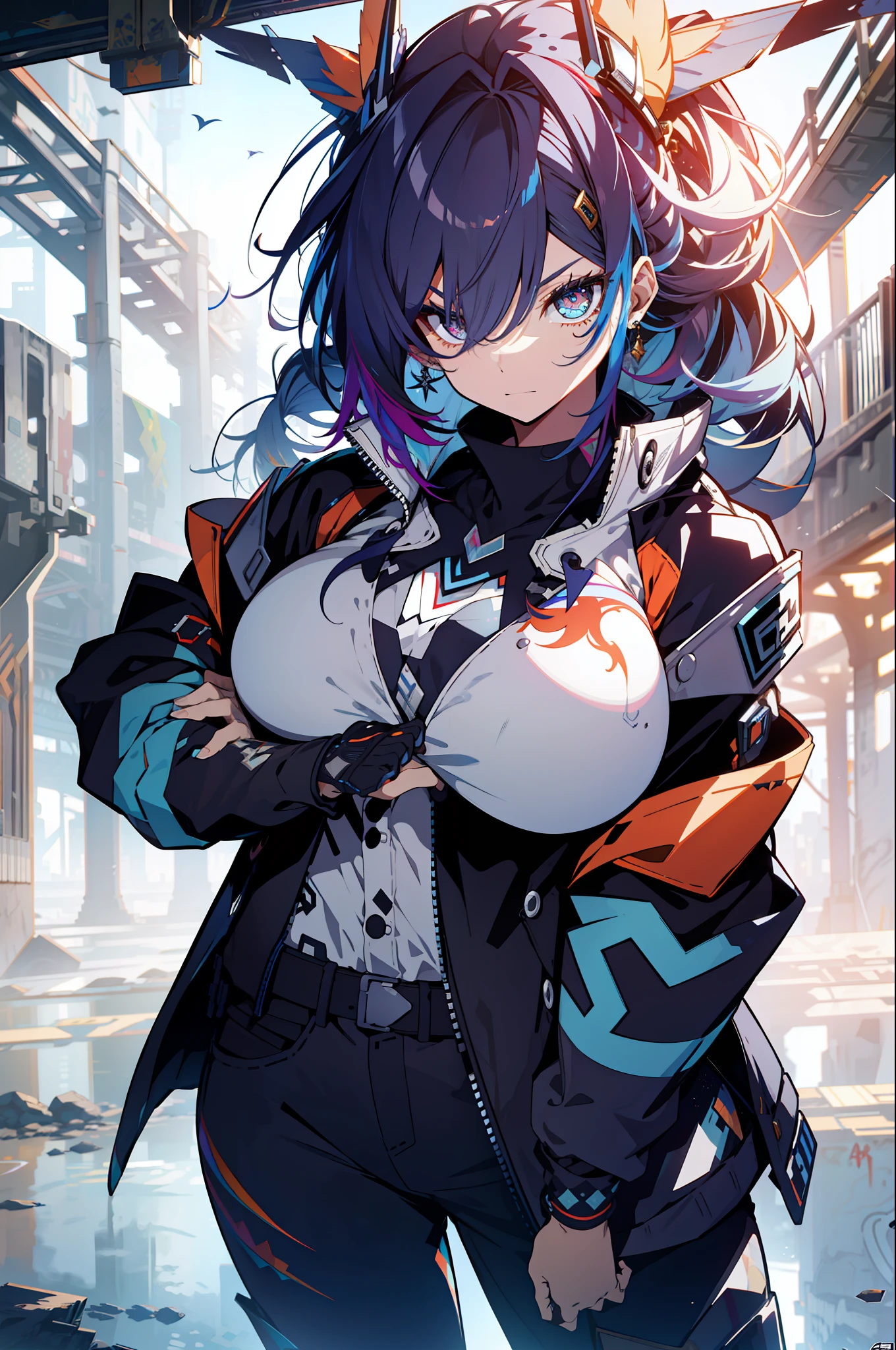 background, language_text, Japanese letters in graffit, girls, long black hair, excellent lighting, sidelighting, (), vhsKeeper,, style GUILTY GEAR -STRIVE perfect ultimate (flat color: 1.3), (magazine_cover: 1.4), (multicolored_background: 1.3), striped_background, card_background, :: comix style by joe madureira :: circular pieces of white metals glued to the ultra detailed arms coming out sparkling shine, , perfect and detailed, ultra detailed shirt with abstract design and  with print of Japanese letters in graffit of the sides of the clothes, image of girls with big breast, on top of a futuristic motorcycle, with immersive effects, hover effect, background graffiti style tribal tattoo with vibrant colors "HDR ultra" detailed and with focus effect, (masterpiece: 1.2, best quality), (beautiful eyes with huge eyelashes finely detailed: 1.2),  , ((Solo)), (Finely detailed eyes and detailed face :1.3), in various full-body attack poses, (cute background: 1.2),futuristic costume, super detailed circular metals Clinging to arms and pants, fantastic paintings