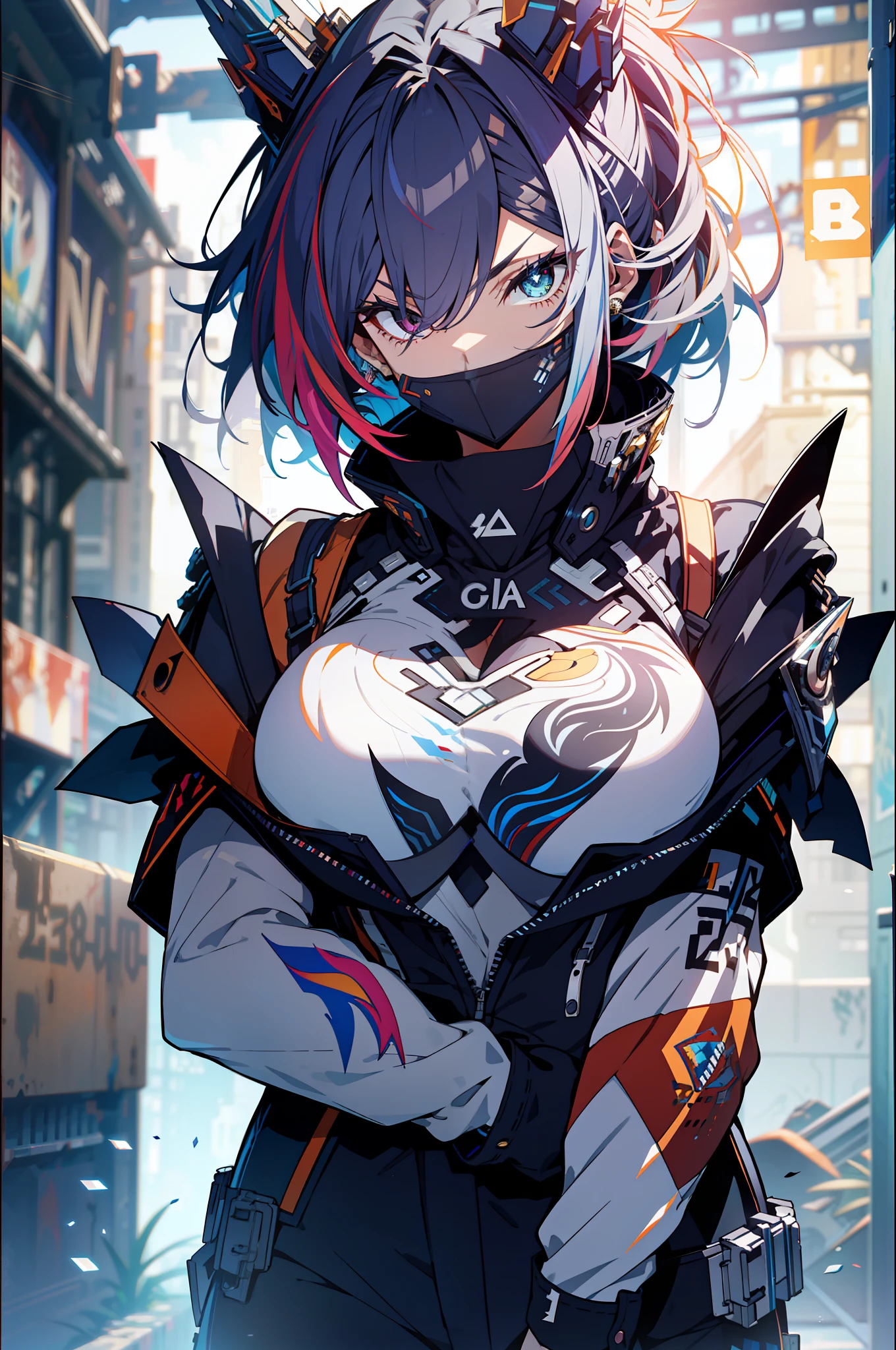 background, language_text, Japanese letters in graffit, girls, long black hair, excellent lighting, sidelighting, (), vhsKeeper,, style GUILTY GEAR -STRIVE perfect ultimate (flat color: 1.3), (magazine_cover: 1.4), (multicolored_background: 1.3), striped_background, card_background, :: comix style by joe madureira :: circular pieces of white metals glued to the ultra detailed arms coming out sparkling shine, , perfect and detailed, ultra detailed shirt with abstract design and  with print of Japanese letters in graffit of the sides of the clothes, image of girls with big breast, on top of a futuristic motorcycle, with immersive effects, hover effect, background graffiti style tribal tattoo with vibrant colors "HDR ultra" detailed and with focus effect, (masterpiece: 1.2, best quality), (beautiful eyes with huge eyelashes finely detailed: 1.2),  , ((Solo)), (Finely detailed eyes and detailed face :1.3), in various full-body attack poses, (cute background: 1.2),futuristic costume, super detailed circular metals Clinging to arms and pants, fantastic paintings