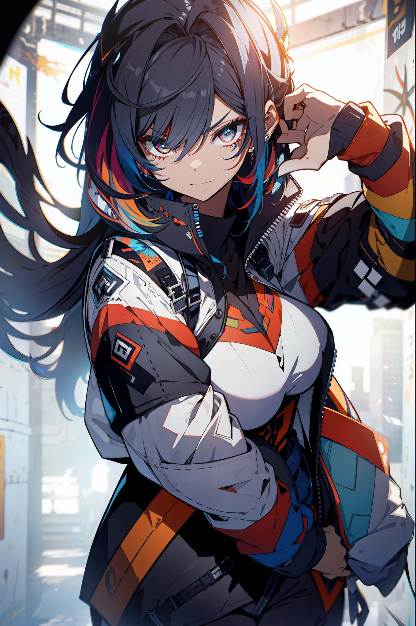 background, language_text, Japanese letters in graffit, girls, long black hair, excellent lighting, sidelighting, (), vhsKeeper,, style GUILTY GEAR -STRIVE perfect ultimate (flat color: 1.3), (magazine_cover: 1.4), (multicolored_background: 1.3), striped_background, card_background, :: comix style by joe madureira :: circular pieces of white metals glued to the ultra detailed arms coming out sparkling shine, , perfect and detailed, ultra detailed shirt with abstract design and  with print of Japanese letters in graffit of the sides of the clothes, image of girls with big breast, on top of a futuristic motorcycle, with immersive effects, hover effect, background graffiti style tribal tattoo with vibrant colors "HDR ultra" detailed and with focus effect, (masterpiece: 1.2, best quality), (beautiful eyes with huge eyelashes finely detailed: 1.2),  , ((Solo)), (Finely detailed eyes and detailed face :1.3), in various full-body attack poses, (cute background: 1.2),futuristic costume, super detailed circular metals Clinging to arms and pants, fantastic paintings