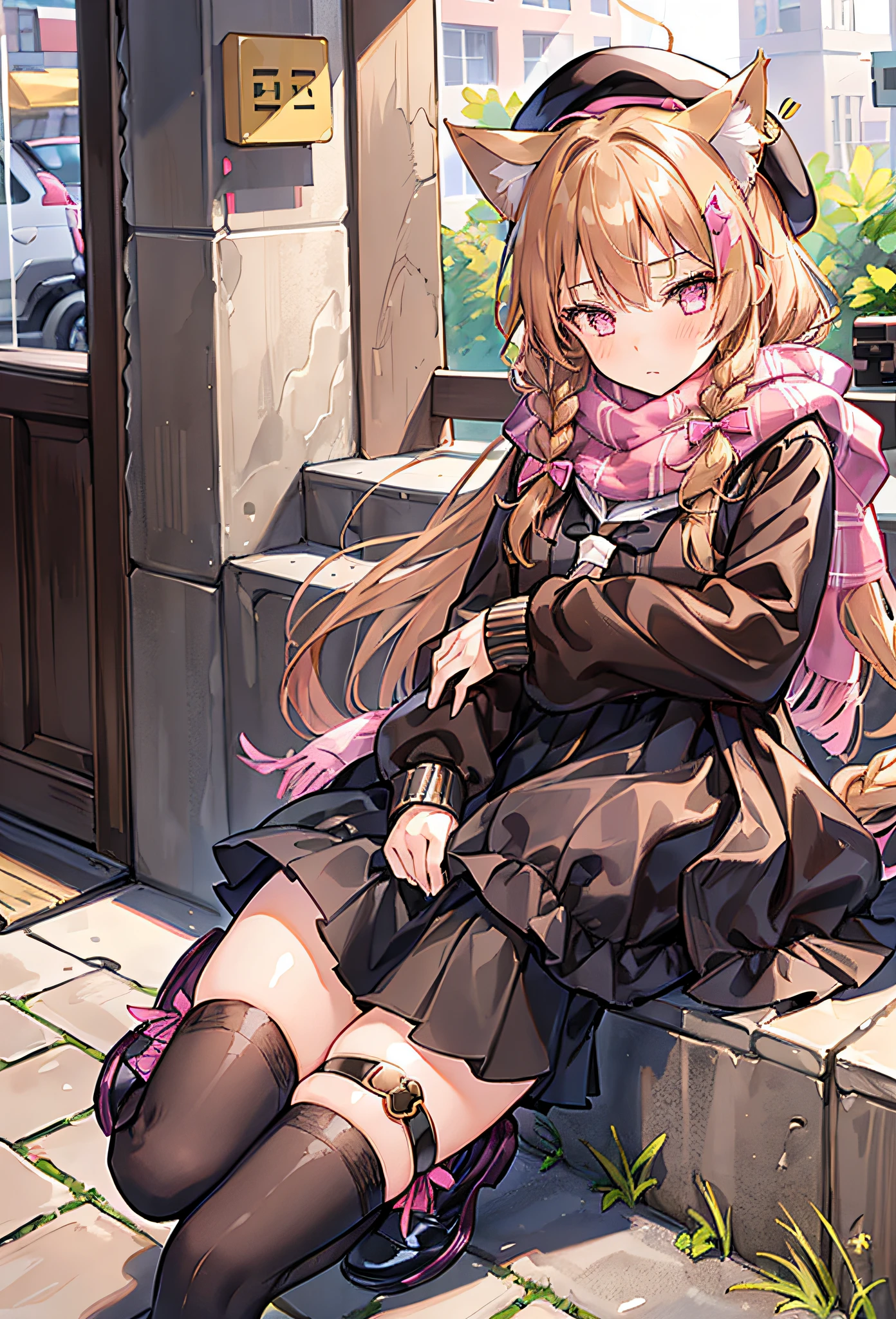 1girl, perfect face, golden brown long hair, bridge braided hair, curly hair, cat ears, perfect cat ears, amber eyes, blushing, blank expression, black beret, checkered white and pink scarf, brown knitted fleece shirt, black skirt, knee length loose white socks, black sandals