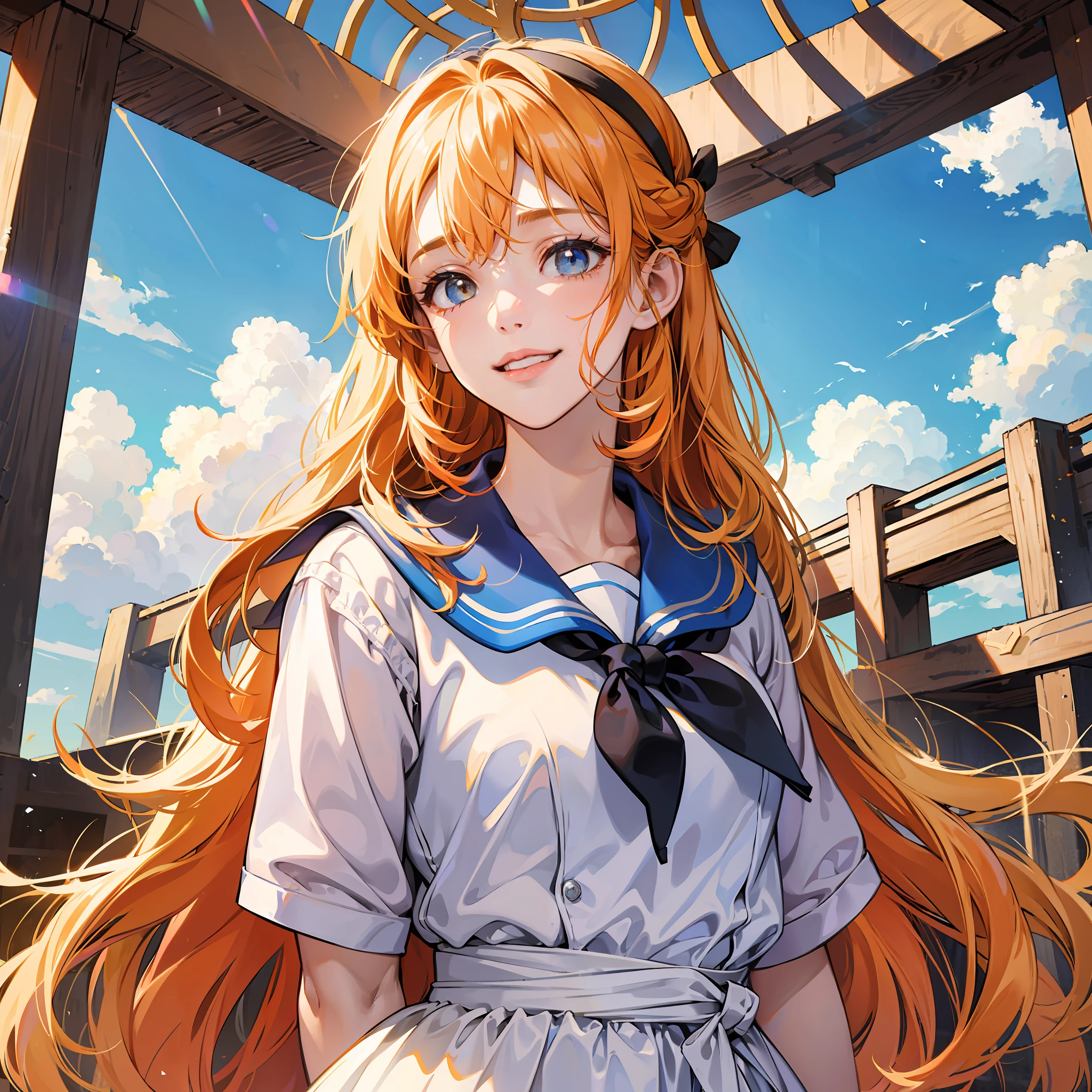 (absurd, high resolution, super detail), 1 girl,  high school girl, (Orange with gradient hair)), cute sailor suit, long hair, dull bangs, (Eyes of different colors left and right)), finely detailed eyes and detailed golden ratio face, sunlight, iridescent light grains, complex light reflection, background blue sky, transparency, hidden beauty, immersive perspective BREAK, smile