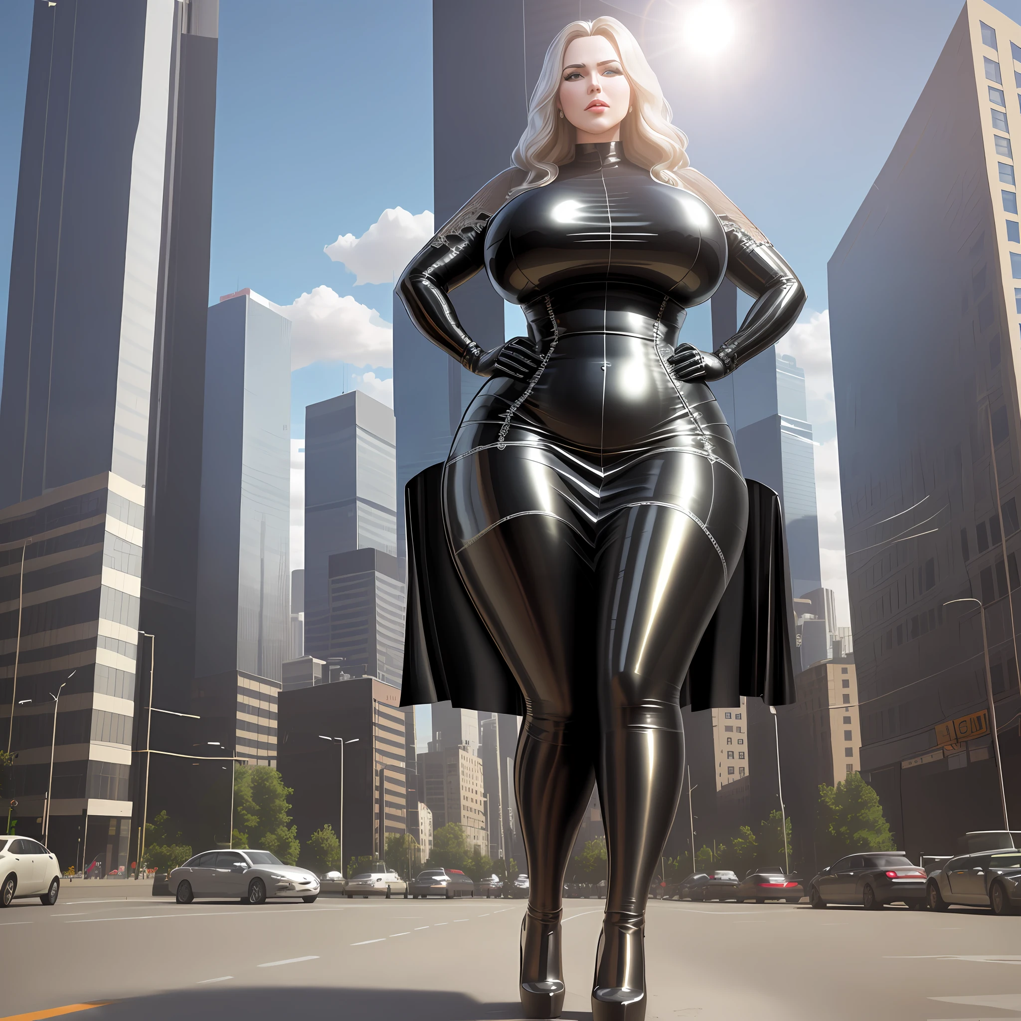 sunny day, city, metal steel construction, pole, (car), (hdr: 1.25), (intricate details: 1.14), (hyper-realistic 3d rendering: 1.16), (filmic: 0.55), beautiful and sensual woman, bbw, tight latex dress, giant breasts, milf, 1 mother