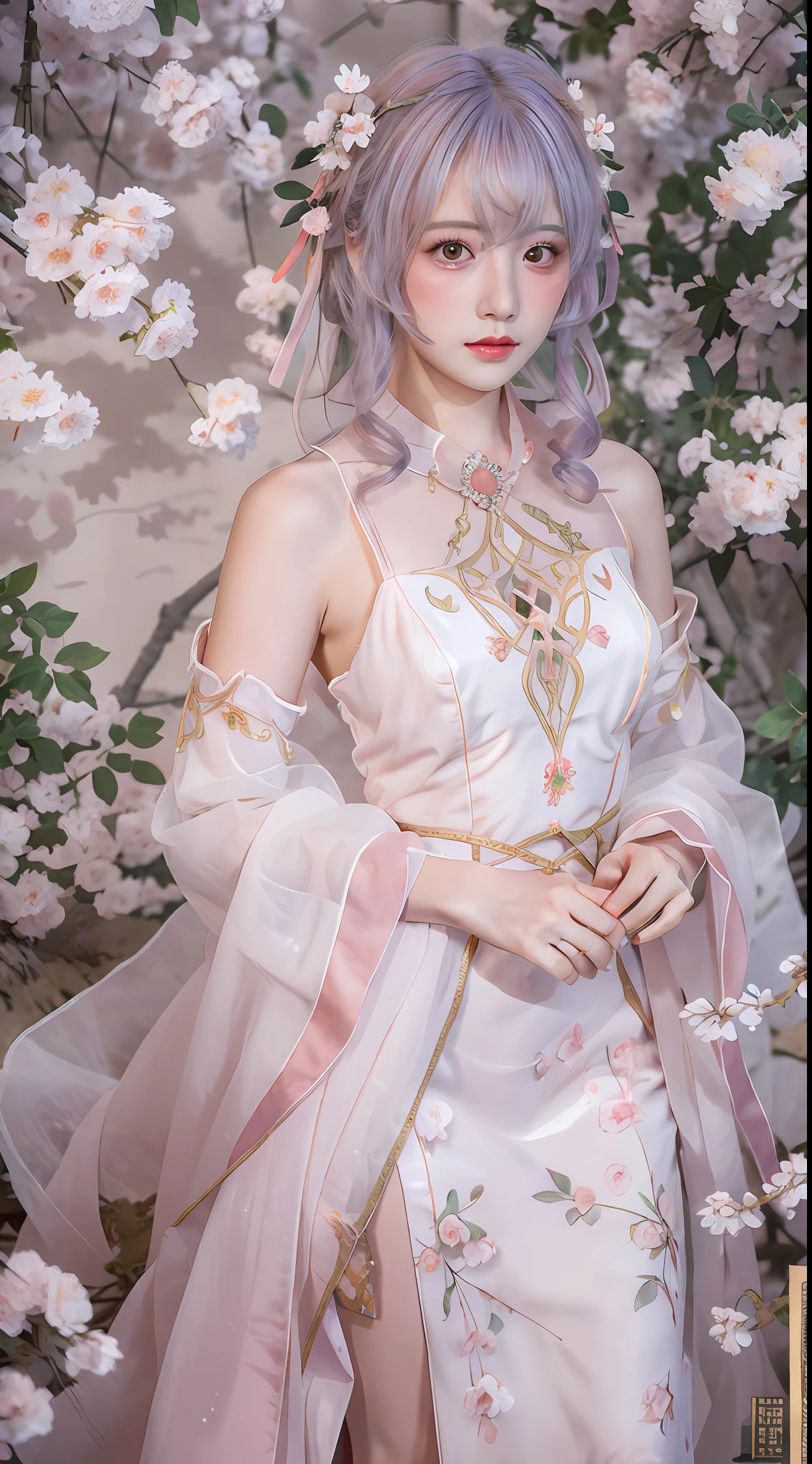 The highest quality, masterpiece, colorful, exquisite CG, crystal, pink peach blossom anthropomorphic, the whole body lies in petals, exquisite and beautiful face, beautiful eyes, watercolor, splashed ink, Chinese painting, pink crystal eyes, brown costume long hair, Hanfu, Chinese costume clothing, tulle, exquisite and complex peach blossom hair ornaments, pink + white peach blossoms, mist, starlight, highlight, withering falling light spots, rich picture, absolutely beautiful, charming, perfect, dreamy modification, ultra-clear, HD, 8k
