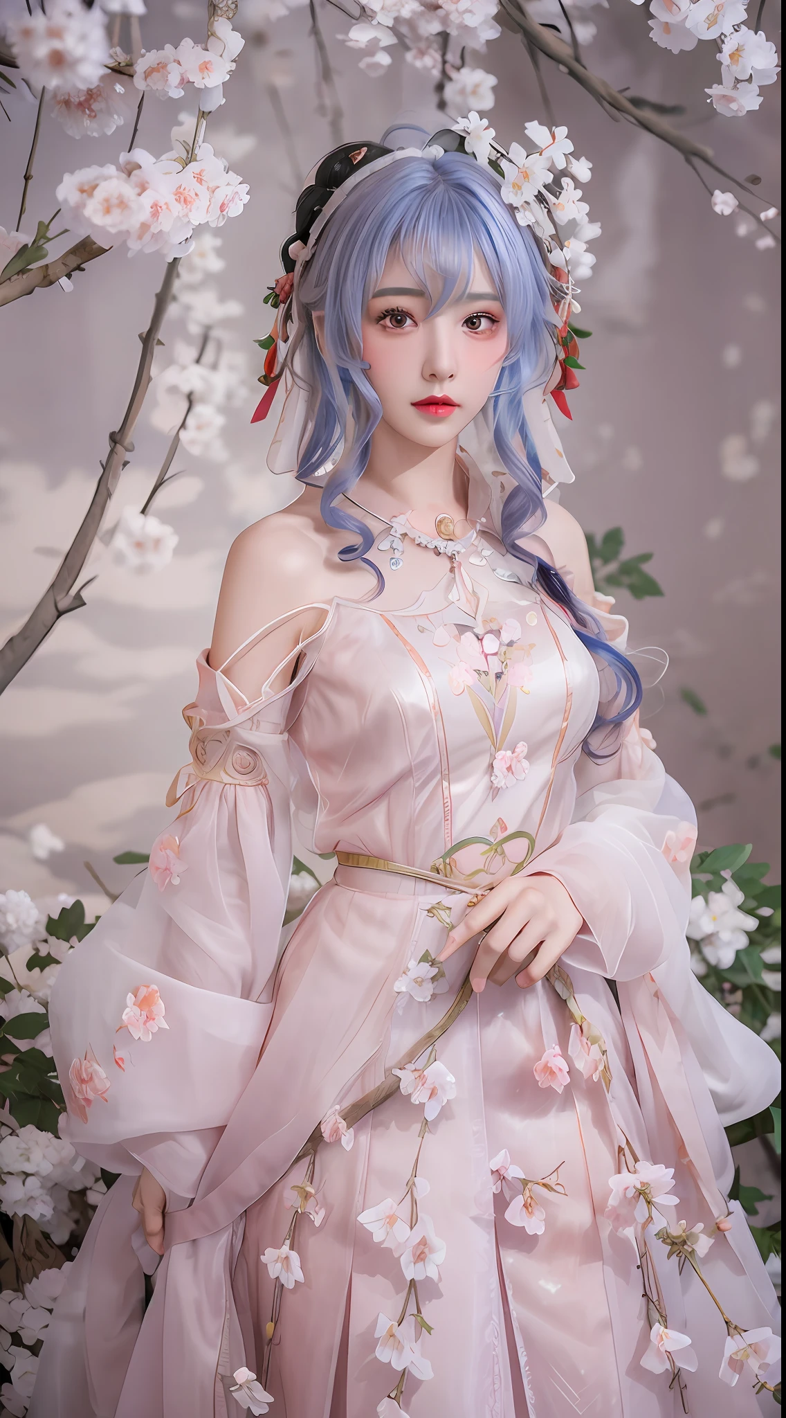 The highest quality, masterpiece, colorful, exquisite CG, crystal, pink peach blossom anthropomorphic, the whole body lies in petals, exquisite and beautiful face, beautiful eyes, watercolor, splashed ink, Chinese painting, pink crystal eyes, brown costume long hair, Hanfu, Chinese costume clothing, tulle, exquisite and complex peach blossom hair ornaments, pink + white peach blossoms, mist, starlight, highlight, withering falling light spots, rich picture, absolutely beautiful, charming, perfect, dreamy modification, ultra-clear, HD, 8k