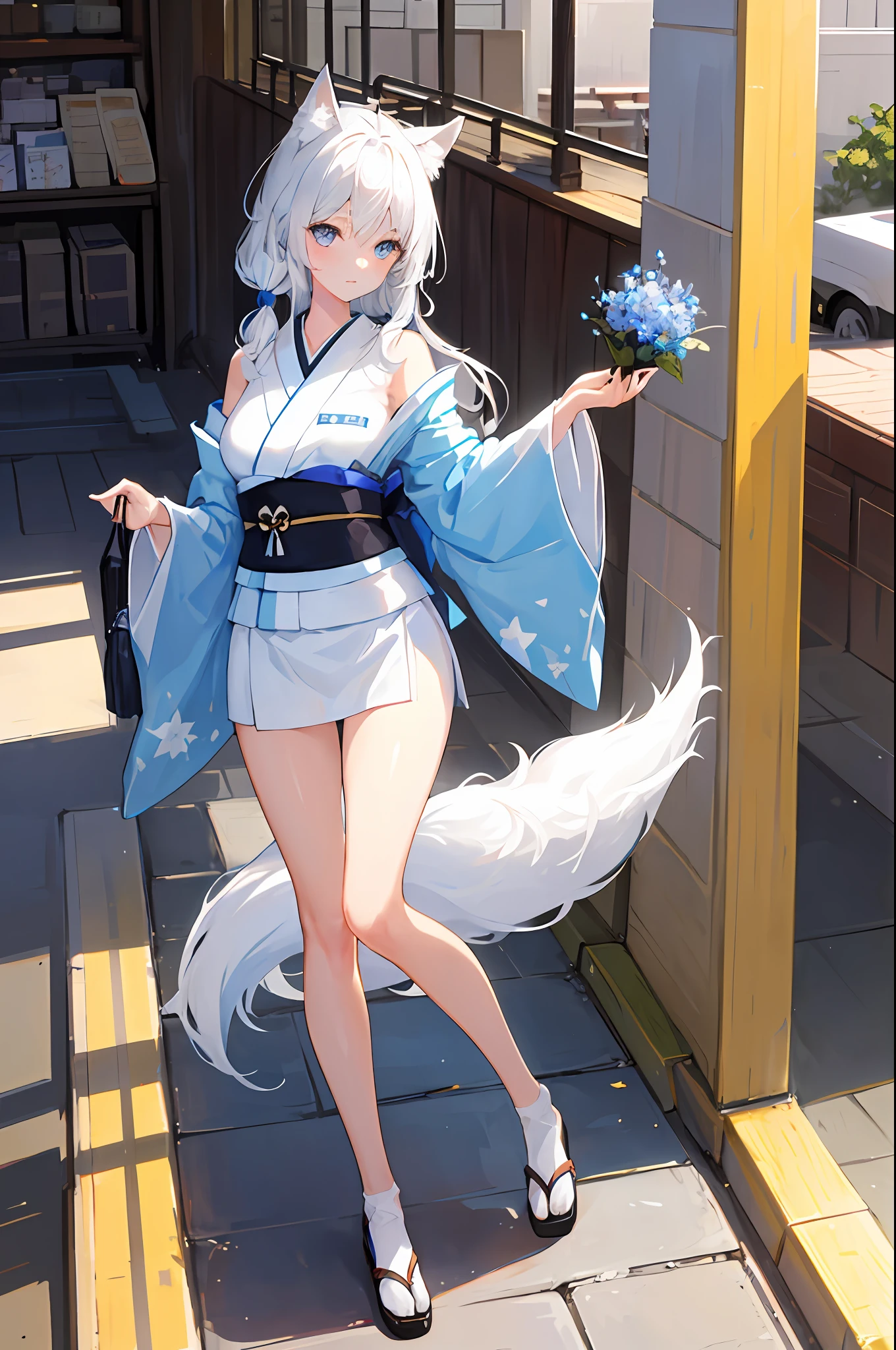 (delicate beautiful eyes and delicate face, masterpiece side light, masterpiece, best quality, detailed, high-resolution illustration), (1 girl, full body, beautiful girl, shiny skin, looking down, looking at the audience), (white hair, layered kimono, kimono pull, cascading kimono, big breasts, bare shoulders, long hair, blue eyes: 1.5), (white fox ears, white foxtail: 1.5), blue flowers, nude, no clothes