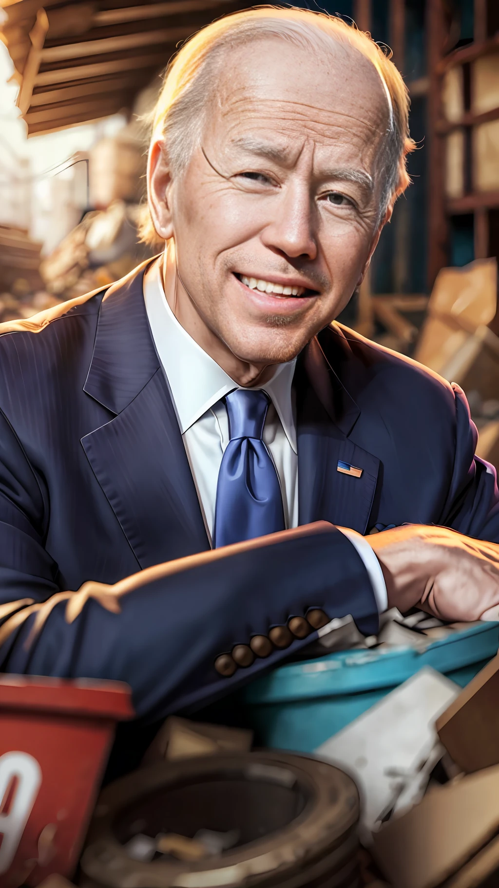 joe Biden president sitting in a pile o trash and laughing out loud, dirty back alley, realistic, 8k, photography --auto --s2