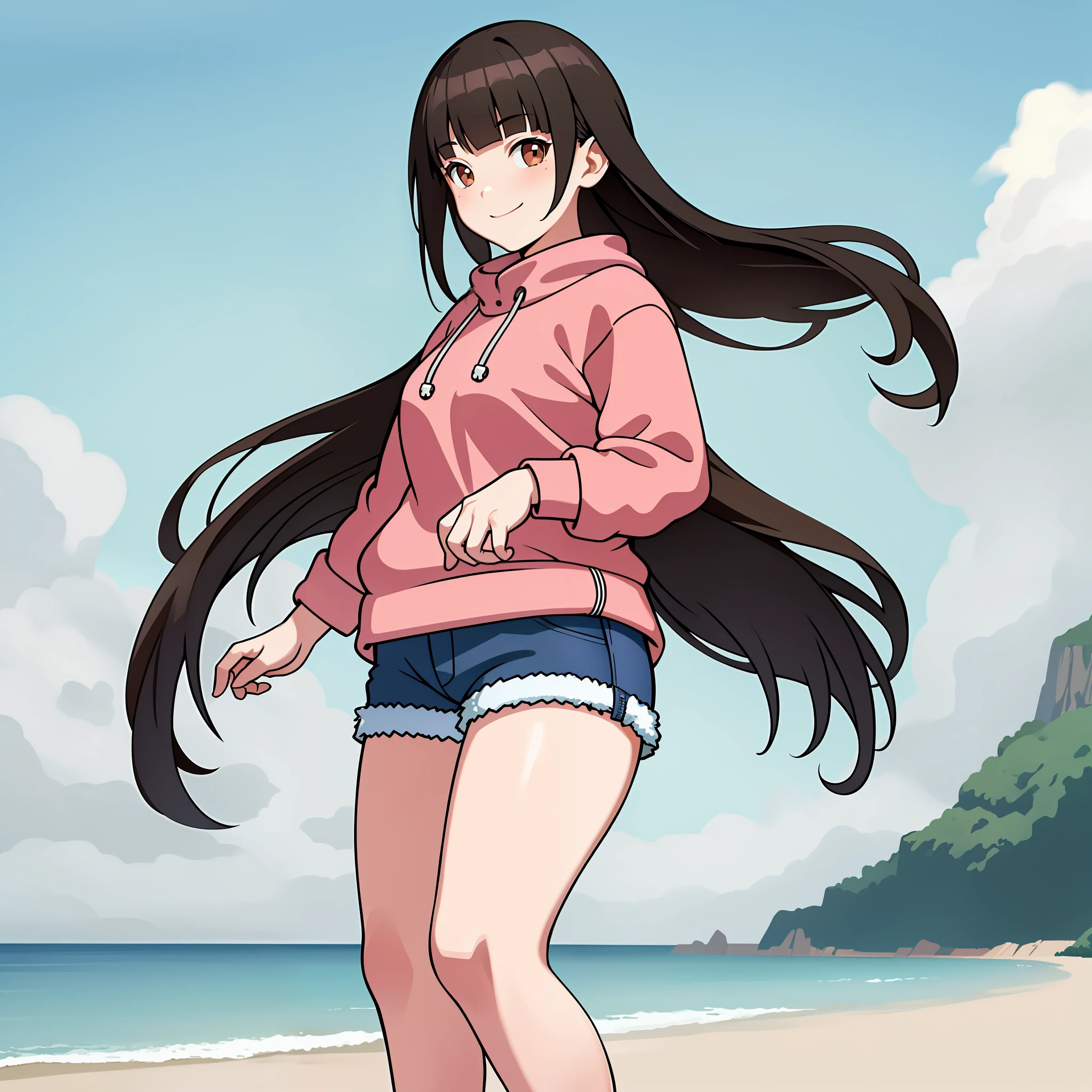 ((masterpiece)), ((best quality)), 1girl, solo, long black hair, chubby body, hands behind body, smiling, pink sweatshirt, jean shorts, thick thighs, brown eyes, beach background