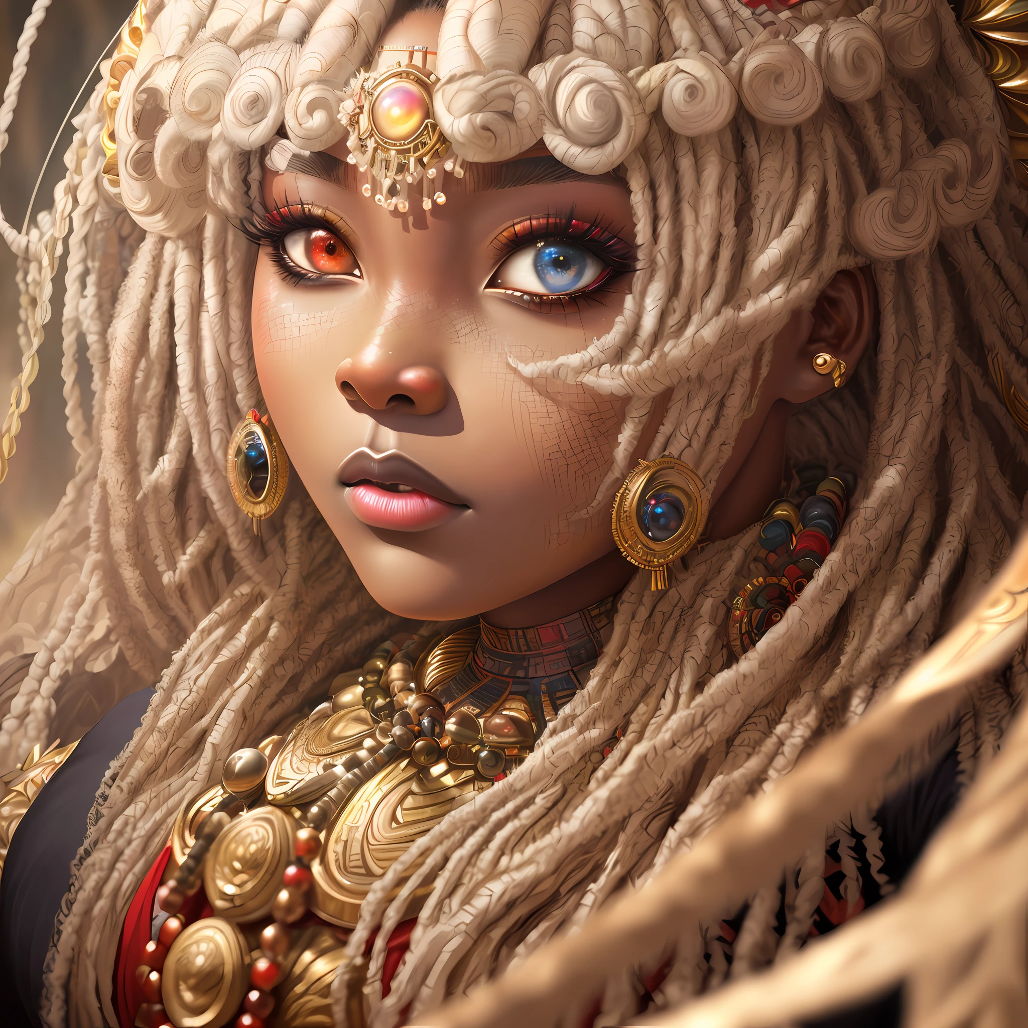 Super Big, ((best quality)), ((masterpiece)), ((realistic)), (detailed), ((african goddess woman)), dark skin, (realy luxuriant afro-textured hair rainbowned), gorgeous, sexy, curvy, busty, (geisha eyes), ((heterochromia eyes)), Surrealism, 8k, super detail