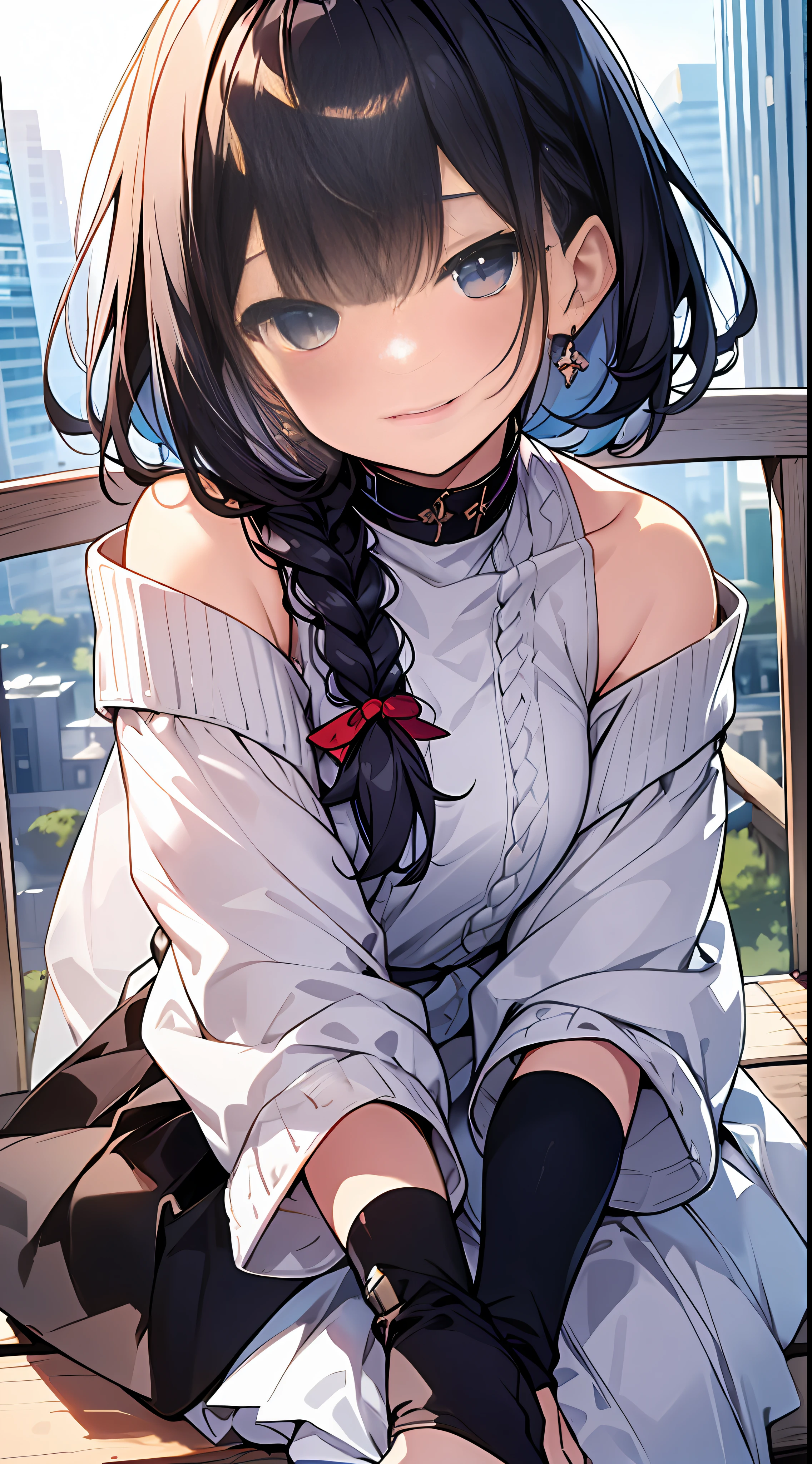 Top Quality, Masterpiece, Super High Definition, 8k, White Sweater, White Skirt Anime Style Little Loli, Single, Ultra Detailed Line Art, Digital Enhancement, Anime Core, Flowing Fabric, Close Up, Hair Length to Shoulder and Short Braid, Autumn City Landscape, Soft Drawing, Hair Fluttering in the Wind, Beautiful Black Hair, Full Smile, Patchy Eyes, Looks Really Weak, Sit on the bench