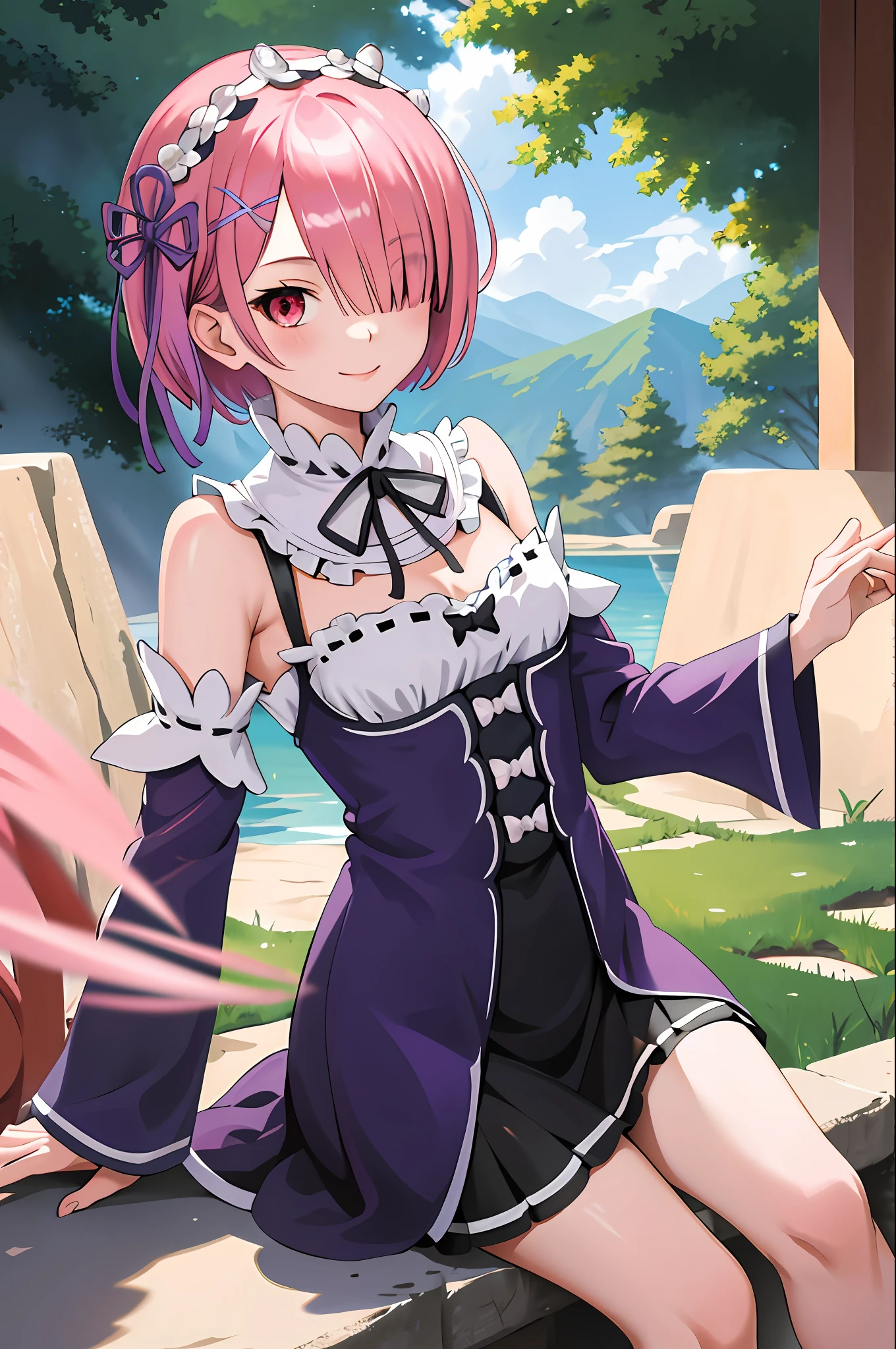 masterpiece, Best Quality, Hi-Res, Ram 1, 1 girl, Solo, Lam \(re:zero\), Pink hair, Short hair, Red eyes, Hair over one eye, Hair ribbon, X hair ornament, Small tits, Purple ribbon, Smile,
