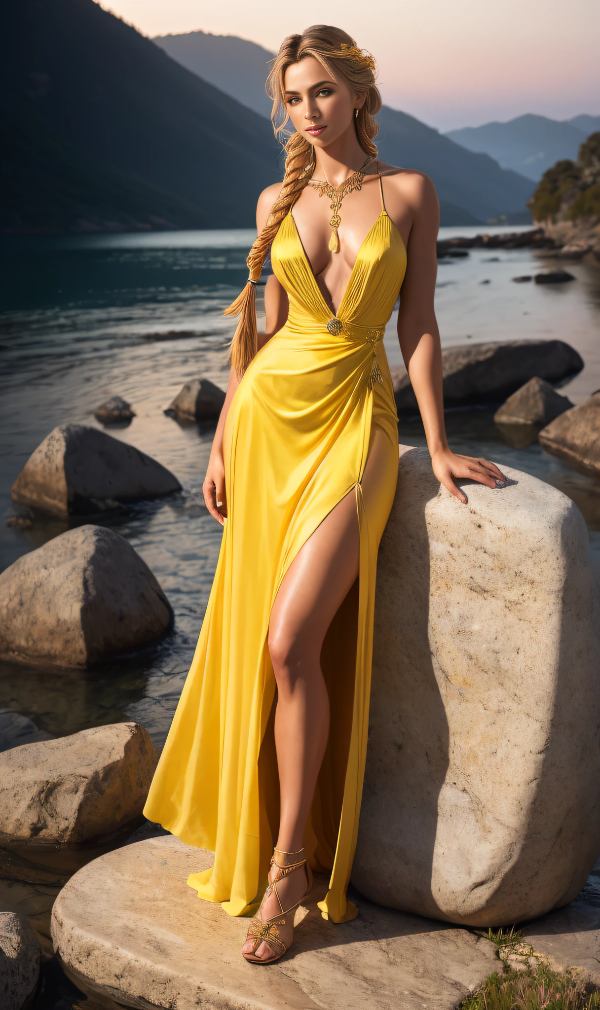 Masterpiece, (((full figure))) entire body in frame, (((magical lighting))) (((beautiful seductive smile sexy anorexic white goddess woman standing on stone floor ))), ((( yellow intricate midevil dress))) , (((long braided hair))) sunset lighting, golden hour, golden colors, very detailed, dramatic lighting, digital art trending on Artstation 8k HD high definition detailed realistic, detailed, skin texture, hyper detailed, realistic skin texture, armature, best quality, ultra high res, (photorealistic:1.4), high resolution, detailed, raw photo, sharp re, by lee jeffries nikon d850 film stock photograph 4 kodak portra 400 camera f1.6 lens rich colors hyper realistic lifelike texture dramatic lighting unrealengine trending on artstation cinestill 800, (((accurate female anatomy)))