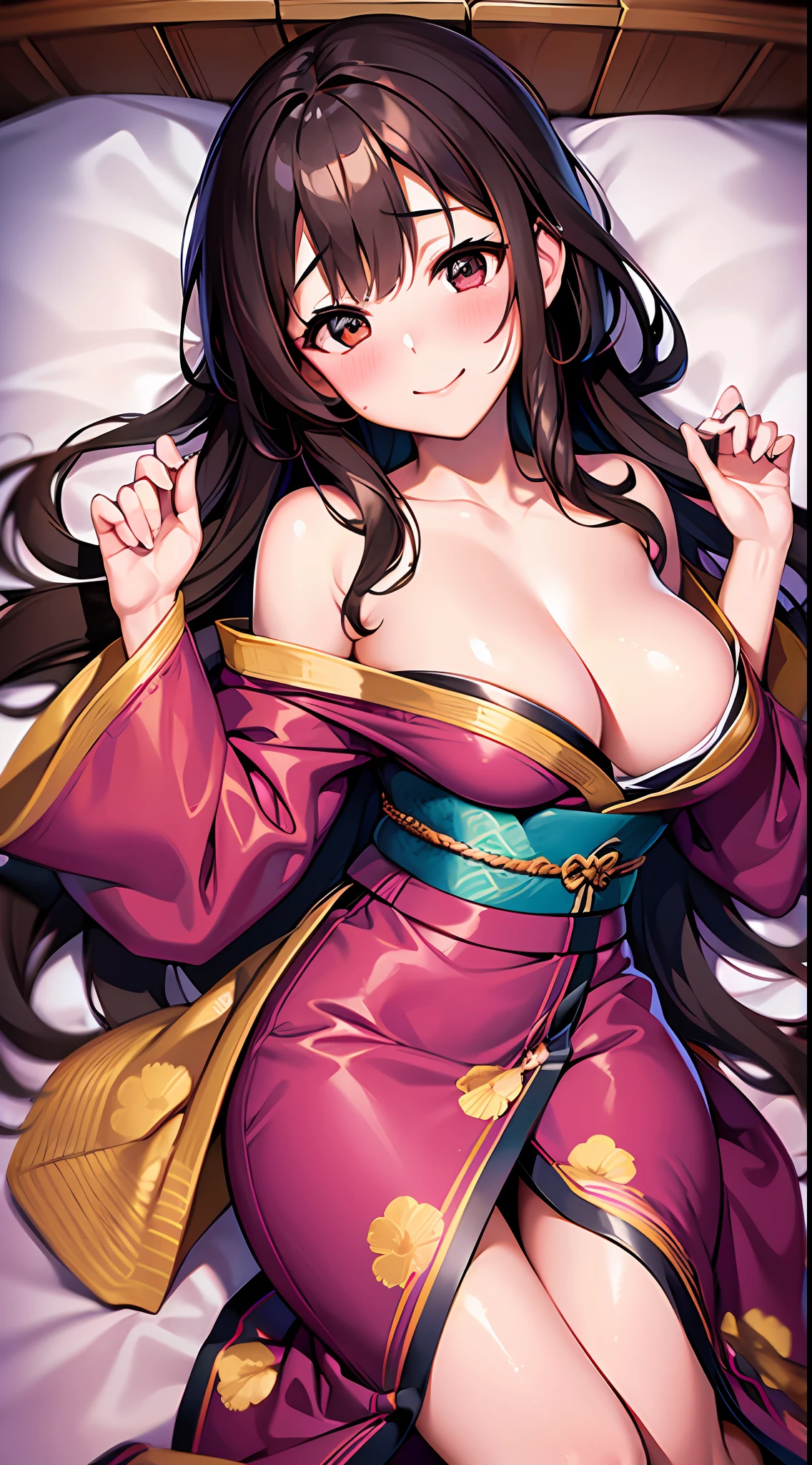 1girl, masterpiece, best quality, medium full shot, brown long hair, off shoulder yukata, , round breasts, smiling, (blushing:1.2), lying on bed, sexy body, (from above view, pov)