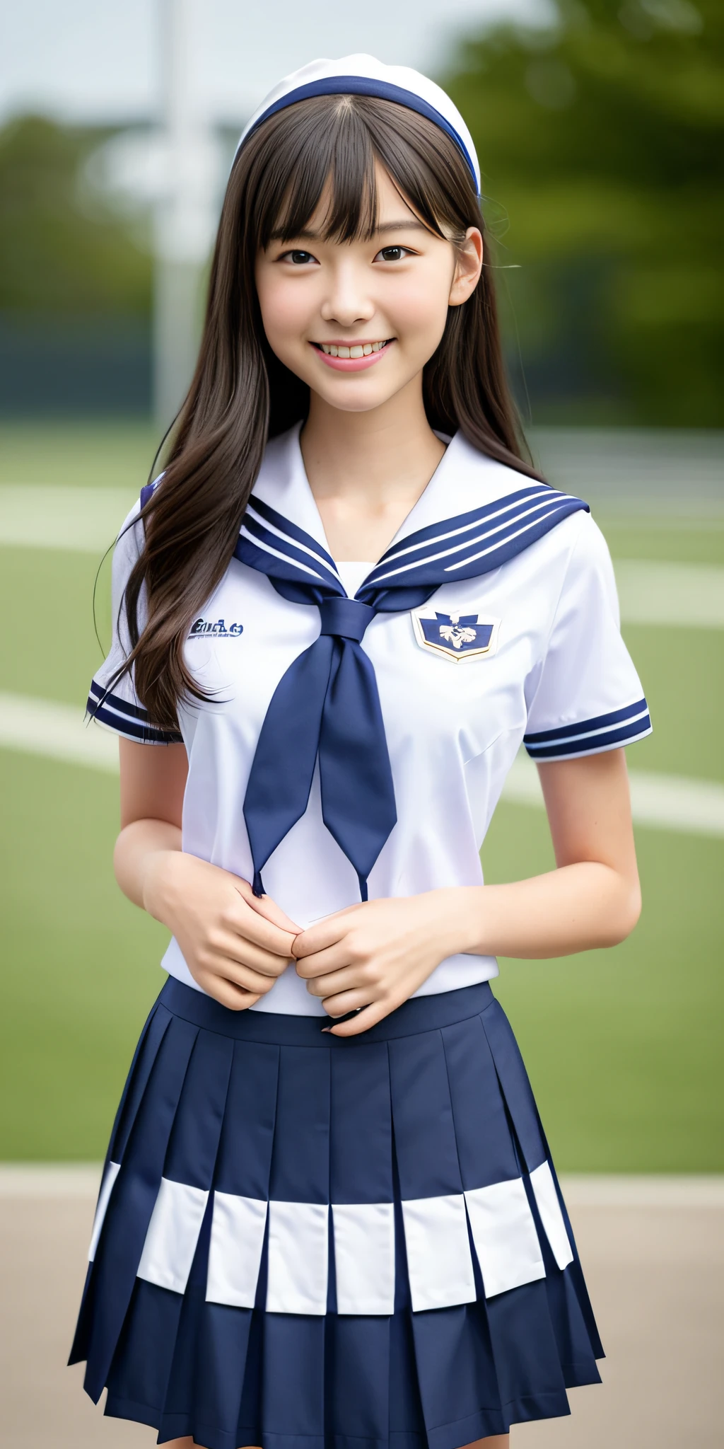 neat college girl, (school uniform, sailor uniform, ribbon tied at chest, summer uniform, upper body white, skirt is navy blue), outside the athletic field, (slim), photorealistic, detail, skin texture, ultra detail, delicate and sexy collarbone, smile, super detailed face, detailed lips, detailed eyes, double eyelids, small breasts, small breasts, small, flat breasts, breast emphasis