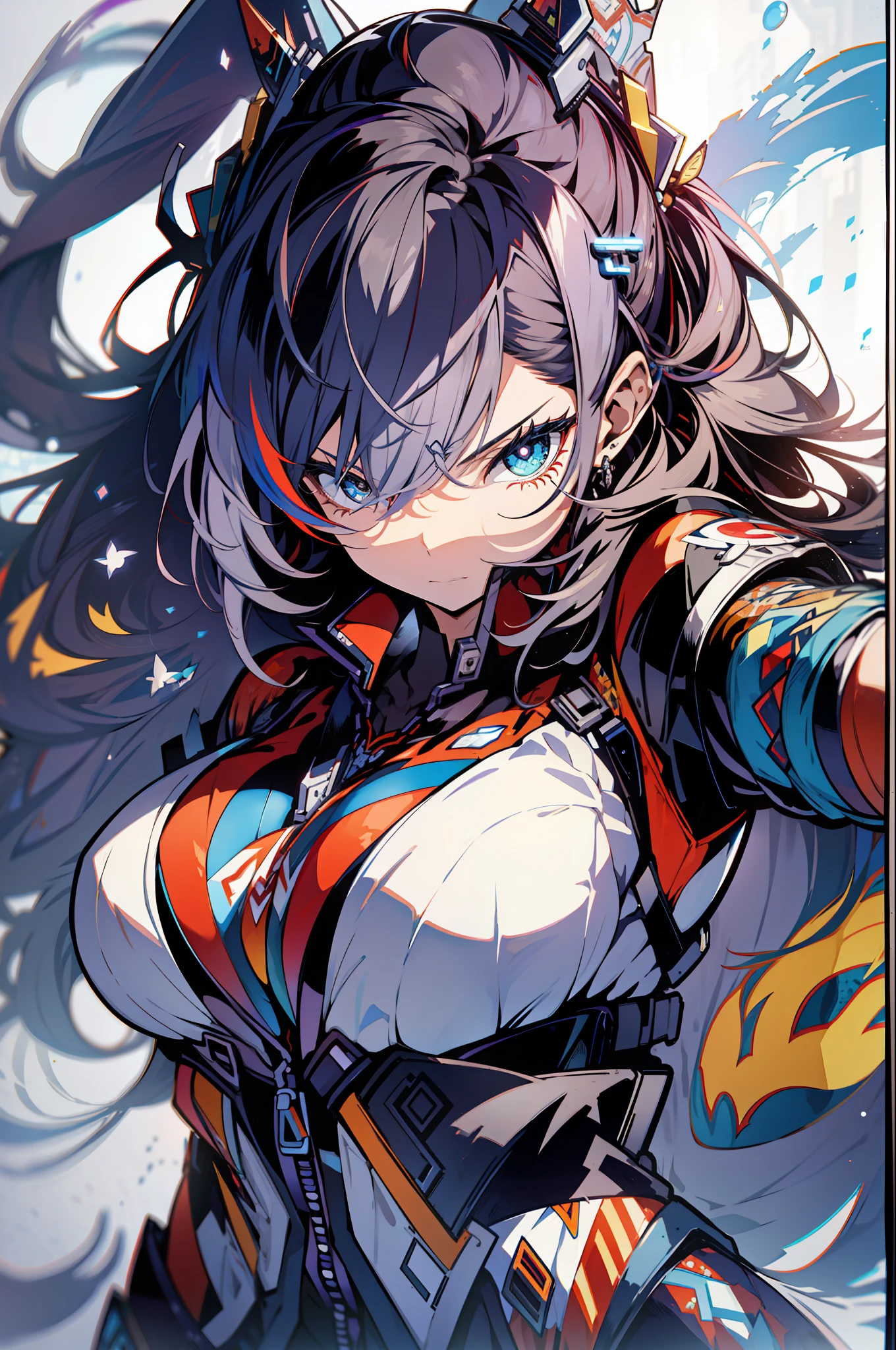 background, language_text, Japanese letters in graffit, girls, long black hair, excellent lighting, sidelighting, (), vhsKeeper,, style GUILTY GEAR -STRIVE perfect ultimate (flat color: 1.3), (magazine_cover: 1.4), (multicolored_background: 1.3), striped_background, card_background, :: comix style by joe madureira :: circular pieces of white metals glued to the ultra detailed arms coming out sparkling shine, , perfect and detailed, ultra detailed shirt with abstract design and with print of Japanese letters in graffit of the sides of the clothes, image of girls with big breast, on top of a futuristic motorcycle, with immersive effects, hover effect, background graffiti style tribal tattoo with vibrant colors "HDR ultra" detailed and with focus effect, (masterpiece: 1.2, best quality), (beautiful eyes with huge eyelashes finely detailed: 1.2), , ((Solo)), (Finely detailed eyes and detailed face :1.3), in various full-body attack poses, (cute background: 1.2),futuristic costume, super detailed circular metals Clinging to arms and pants, fantastic paintings
