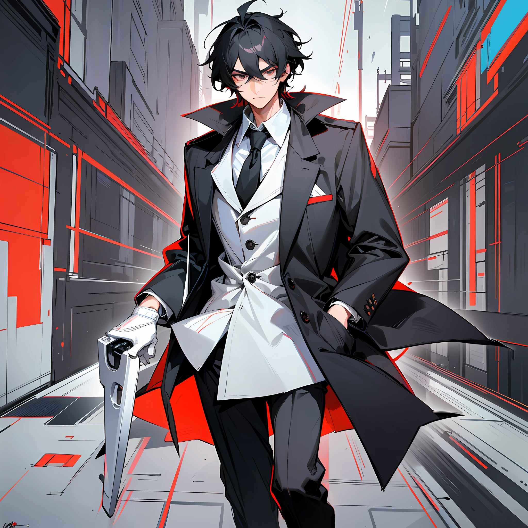 Make a tall  with big black hair and big, dark eyes. He is mostly seen wearing a wide white shirt with a large overcoat, black trousers and formal shoes. He carries a long briefcase on his back, in which he contains his signature, a large weapon resembling a Swiss Army knife. He's cute, do it anime-style. --auto --s2