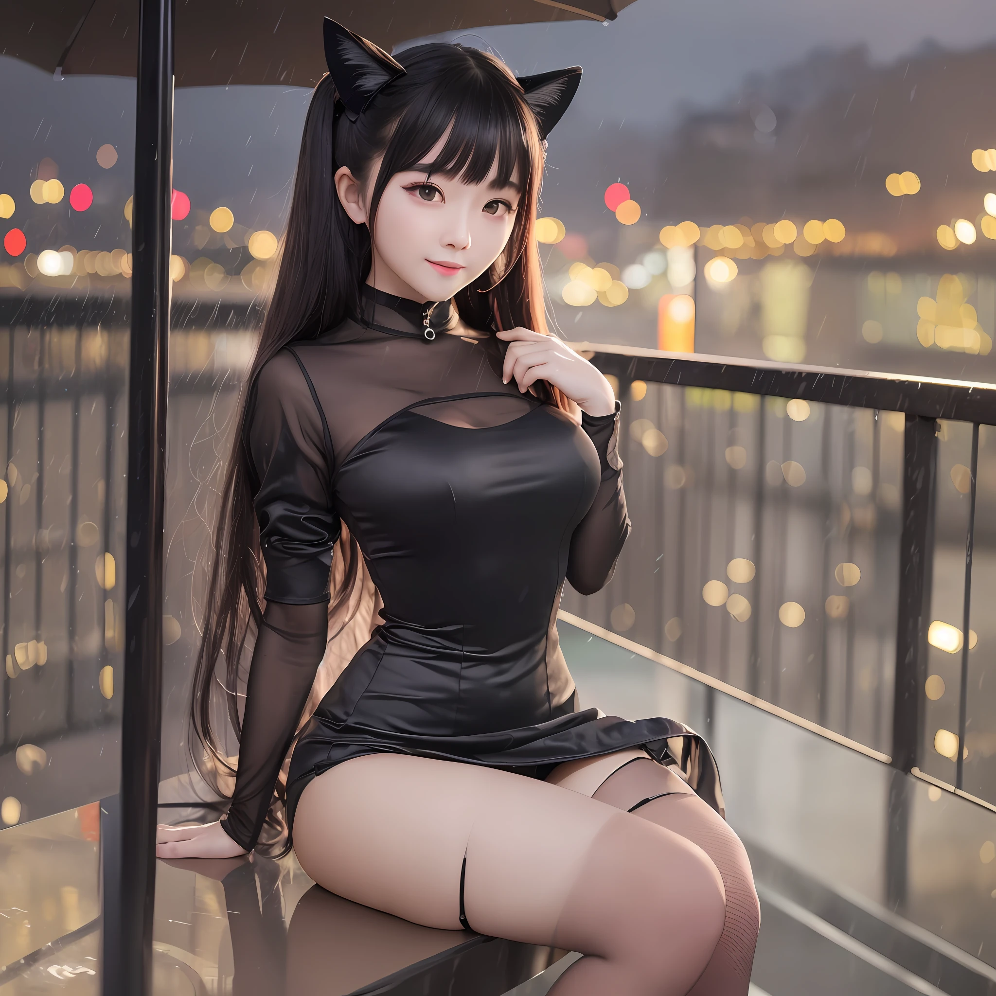 ((Li Yitong)), 8K, best quality, masterpiece, 1.2 times weighted), 1 cute, independent, beautiful girl, super detail, sky and cafe detail, night date, sitting (red nose), big breasts , sweet smile (smile 1.15), deep color contact lenses, (1.1 times weighted collar shirt), short black dress, black silk stockings, professional dress, long flowing hair, NovaFrog style, half naked, cat, rain.