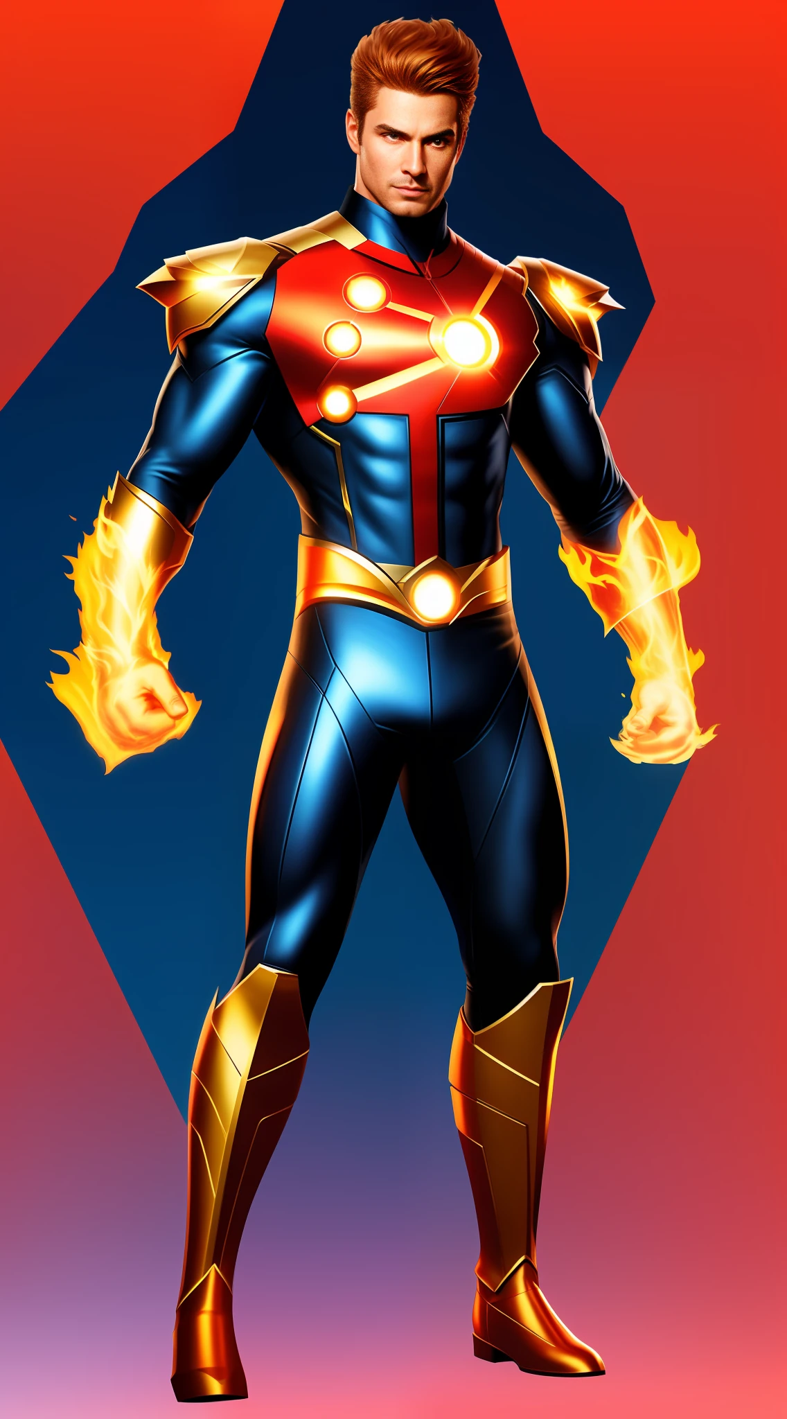 1 burly male Caucasian hero, realistic drawing, DC and Marvel crossover, homelander security and human torch fusion, standing, full length, black background, blue and a little red homelander security officer costume, gold metal belt and metal shoulder armor in the shape of an eagle's head, head of the human torch, the chest of the human torch has a large circle plus three small circles connected into an energy device, glowing eyes, muscular physique, blood vessel ejection,散发着危险神秘的气息。世界上最美丽的艺术品,复杂,专注,戏剧性,在ArtStation上很受欢迎, --s 2