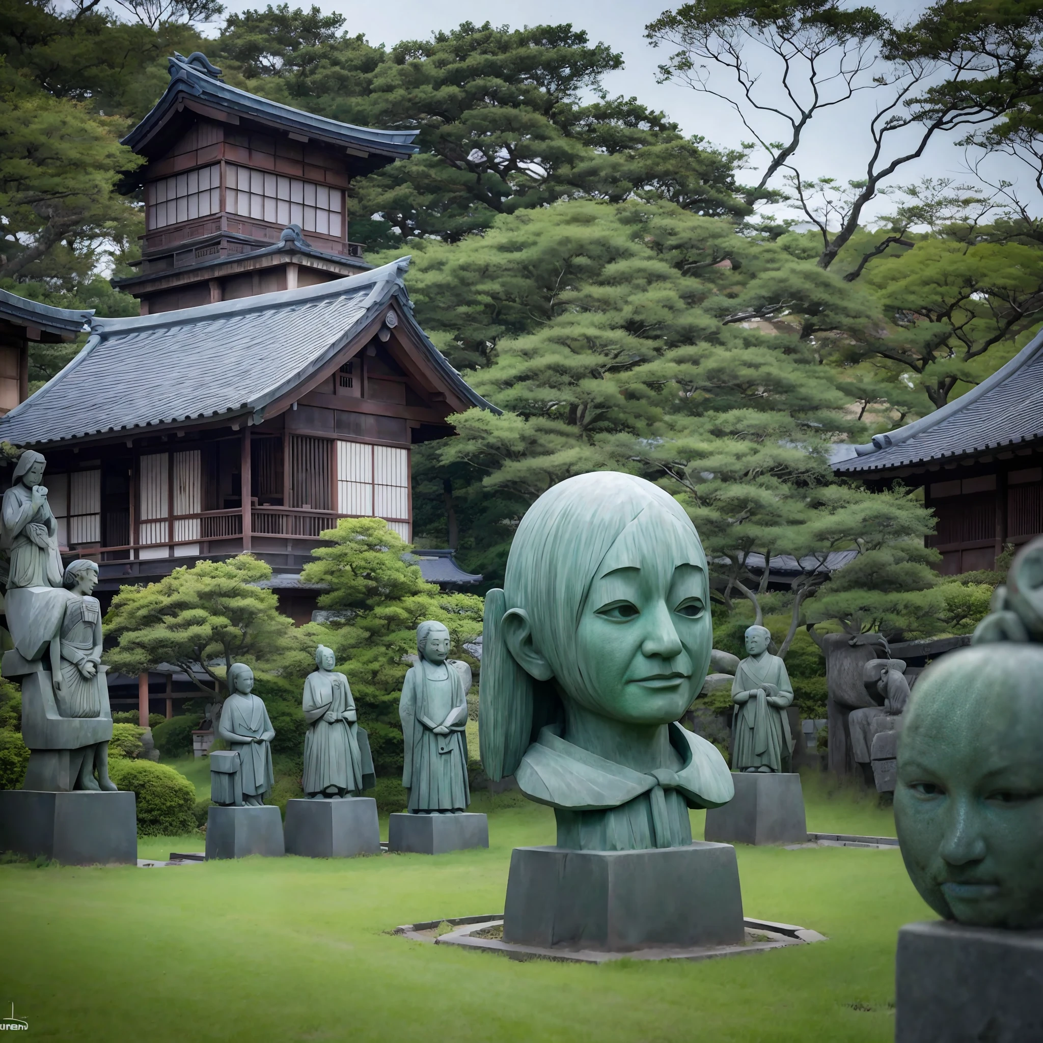 Japan rural village, lots of creepy stone statues, super high quality, 8k, 16k, 32k,