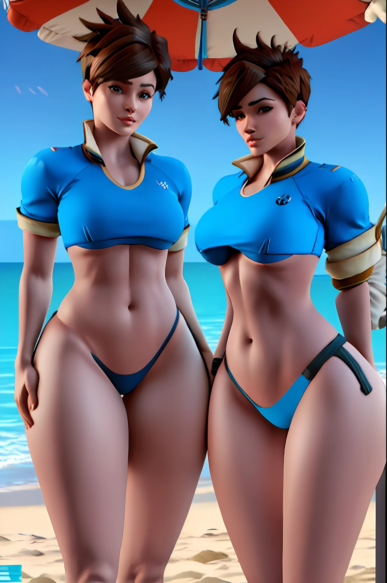 Beach Mar Azul Blue Sky, tracer, bikini, short hair, bomber, big ass, thick thighs, best quality prancing ass, (CG:1.4 extremely detailed), 4k