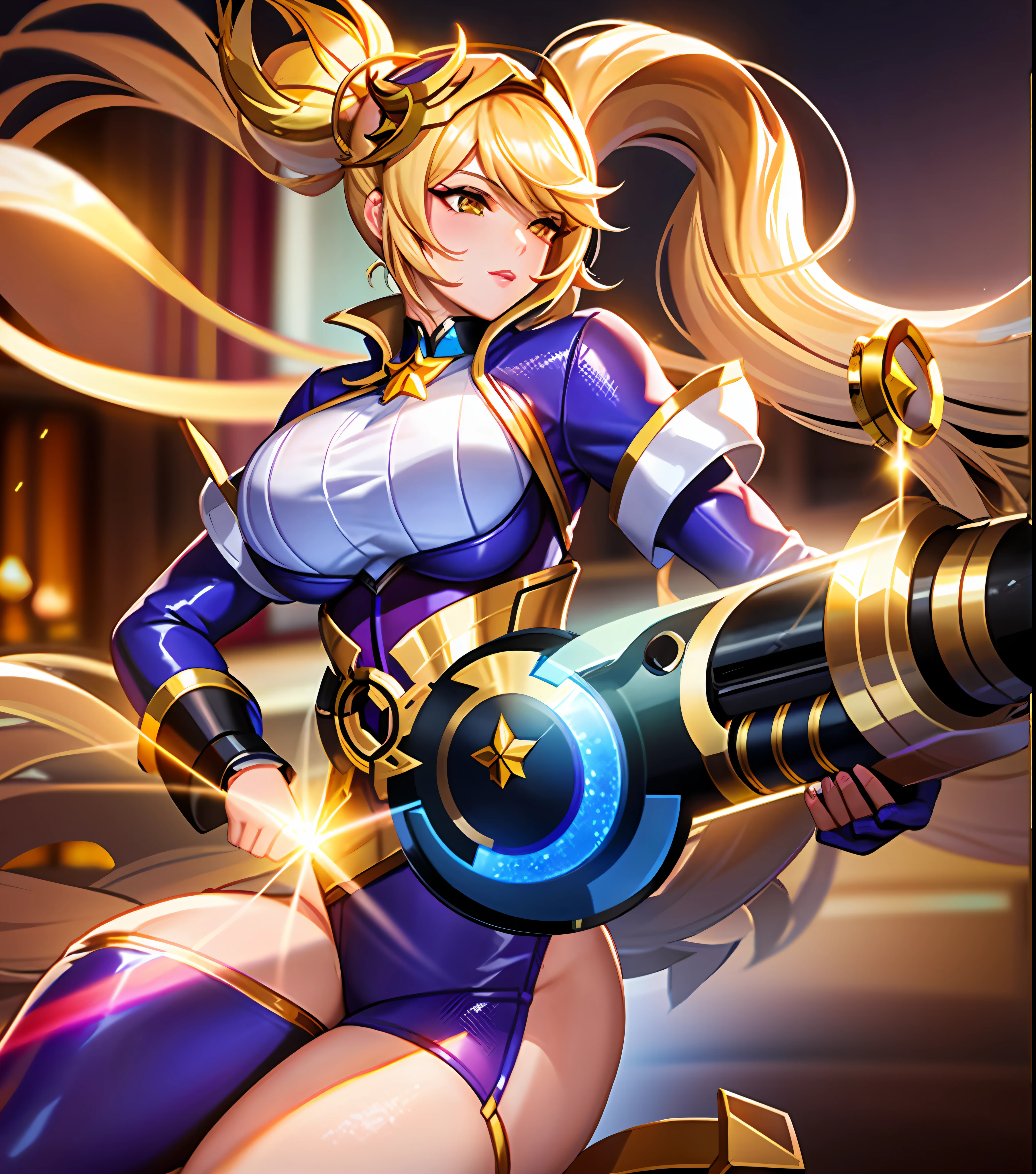 ((Layla from mobile legends: 1.5)),a close up of a woman with a gun in her hand,l,masterpiece, best quality, high quality, complex details , wearing swimming suit, in swimming pool, thicc thighs, huge breasts, ultra details, photorealistic,((2 ponytail: 1.4)), yellow hair, yellow eyes,CG details, super quality, UHD, glow