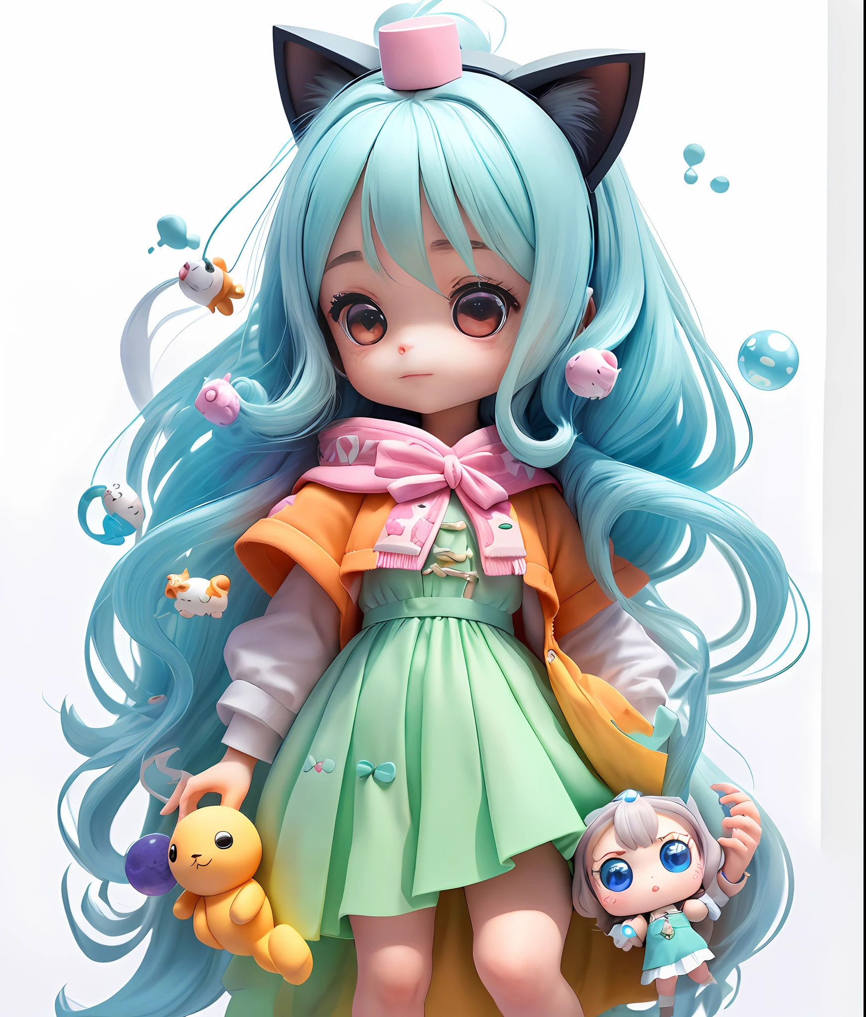 A drawing of a long-haired girl and a cat, super cute girl full body 3d drawing, 1 pc, good looking eyes, big eyes, cute, happy, c4d, pop matt blind box, white long hair, glowing bubbles, toys, solid color background, chibi, fluorescent translucency, luminescence, kawaii, doll, reference sheet, pop mart blind box, Pixar, intricate details, 3d rendering, blender, OC renderer, fol body reference sheet, Dribble, High Details, 8K, Studio Lighting, Loli, Petite, Child, Chibi, SD characters: 1.1, Magic Lab background