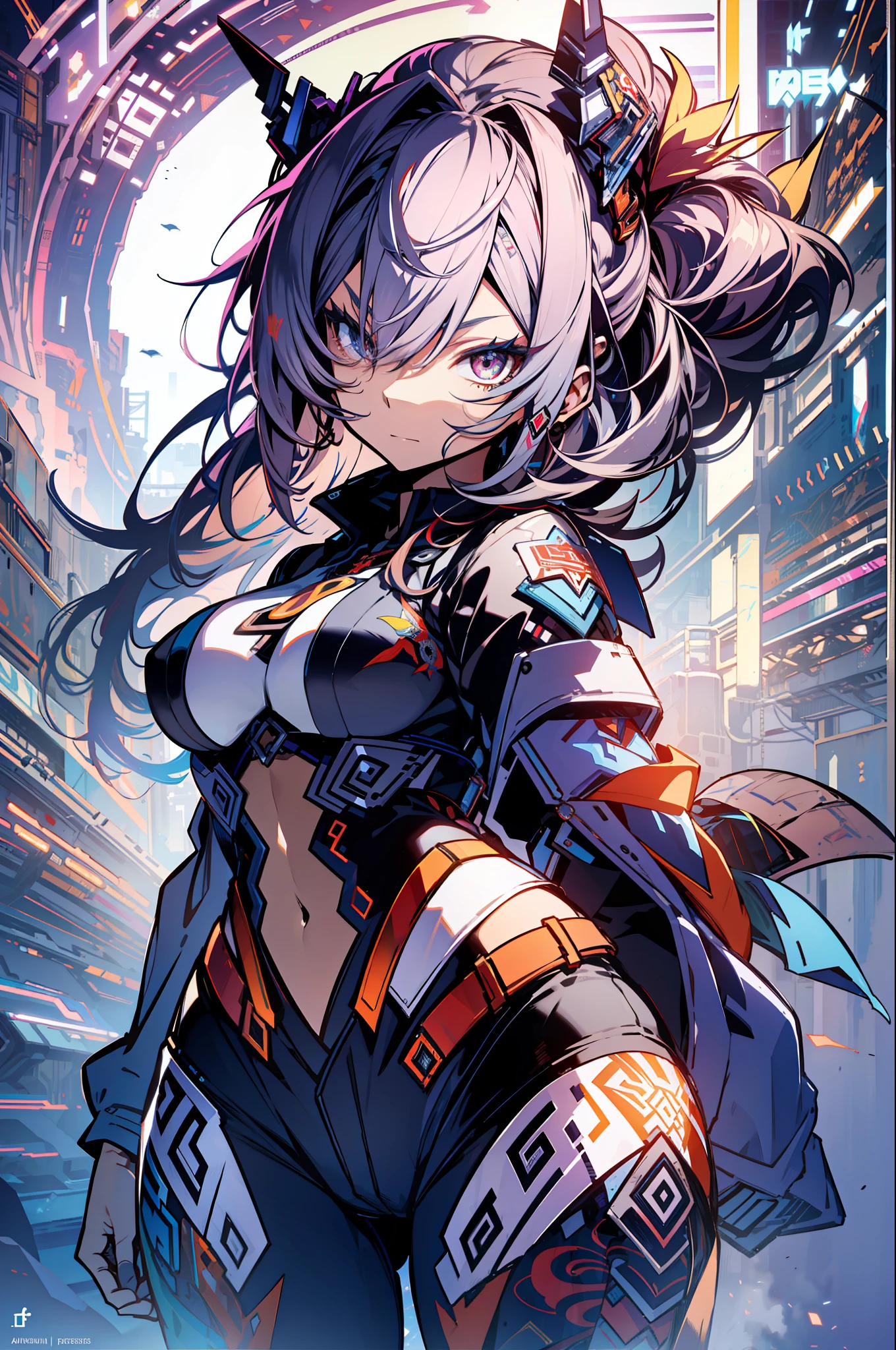 background, language_text, Japanese letters in graffit, girls, long black hair, excellent lighting, sidelighting, (), vhsKeeper,, style GUILTY GEAR -STRIVE perfect ultimate (flat color: 1.3), (magazine_cover: 1.4), (multicolored_background: 1.3), striped_background, card_background, :: comix style by joe madureira :: circular pieces of white metals glued to the ultra detailed arms coming out sparkling shine, , perfect and detailed, ultra detailed shirt with abstract design and with print of Japanese letters in graffit of the sides of the clothes, image of girls with big breast, on top of a futuristic motorcycle, with immersive effects, hover effect, background graffiti style tribal tattoo with vibrant colors "HDR ultra" detailed and with focus effect, (masterpiece: 1.2, best quality), (beautiful eyes with huge eyelashes finely detailed: 1.2), , ((Solo)), (Finely detailed eyes and detailed face :1.3), in various full-body attack poses, (cute background: 1.2),futuristic costume, super detailed circular metals Clinging to arms and pants, fantastic paintings