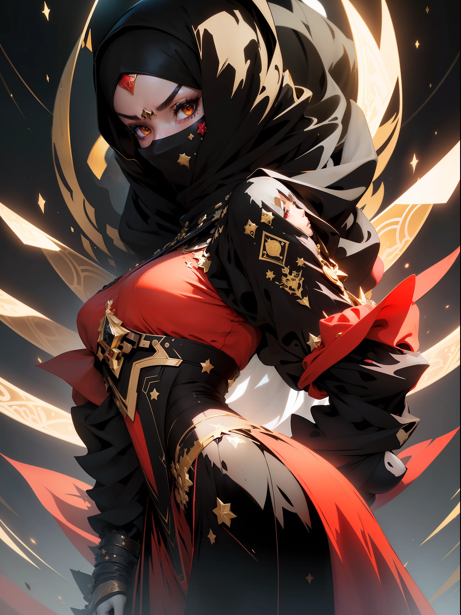 ((Best quality)), ((masterpiece)), (detailed: 1.4), (Absurd), angry princess, (((back))), (((action pose)), (((black Muslim woman wearing long red dress with gold and black ornaments face covered)))), (((burqa))), (((back))), ready for war, dark skinned, black middle eastern woman, sculptural body with defined muscles, closed mouth, muscular body covered by a Hoyoverse-style technological dress, Honkai Impact, Geishin Impast, technological veil covering the face, Veil covering the head, whole body covered by clothing, holding two scimitars, ((small breasts)), (eyes with heavy and very black makeup without pupils), ((red and gold clothing with small black details)), (((short black hair)), (Arabic inscriptions on the arms), ((drawings of golden stars on the arms)), very long eyelashes, heavy eye makeup, lots of jewelry, by mucha, niji --V5, close to real, psychopathic, crazy face, sexy pose, background with a giant Gundam style robot head, 2 piece clothing, diamond shoulder pads, pastel, centered, scale to fit dimensions, HDR (High Dynamic Range),Ray Tracing,NVIDIA RTX,Super-Resolution,Unreal 5,Subsurface dispersion, PBR texture, Post-processing, Anisotropic filtering, Depth of field, Maximum clarity and sharpness, Multilayer textures, Albedo and specular maps, Surface shading, Accurate simulation of light-material interaction, Perfect proportions, Octane Render, Two-tone lighting, Wide aperture, Low ISO, White balance, Rule of thirds, 8K RAW, crysisnanosuit