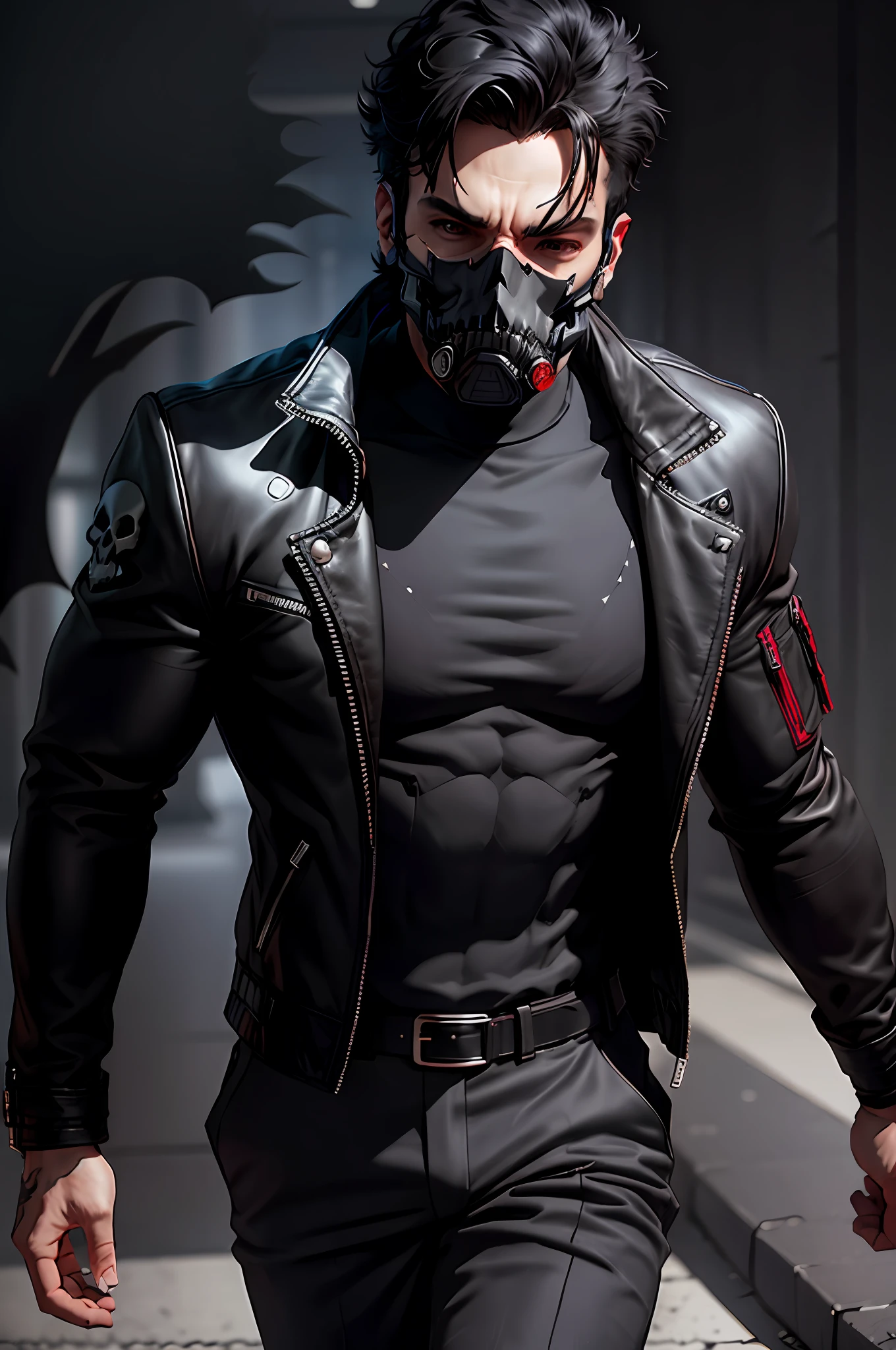 monochrome, grayscale, male focus, simple background, black background, looking at viewer, (mask), visualizer-facing, jacket, (((skull))), ceramic style, Best quality, masterpiece, expressionless, ultra high res, detailed background, realistic, 1man, solo, male, muscular, mature male, short hair, facial hair, real shadow and light, depth of field, chest, biceps, sit-ups, tall, Jason Todd, black hair, biker jacket, hooded jacket, collared blouse, black blouse, batman print, batman symbol, batman, highlighted symbol, chest symbol of blouse, pants glued tactical style, complex. technological mask, ultra technological, red color, red full mask, full face mask, mask red