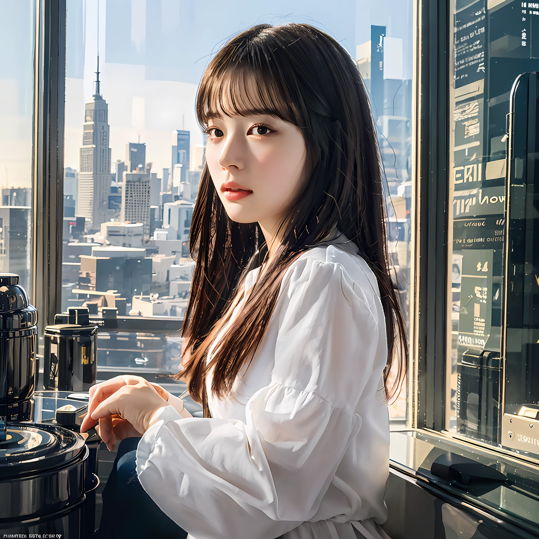 Highest quality, outstanding detail, ultra-high resolution, (fidelity: 1.4), the best illustration, favor details, highly condensed 1girl, with a delicate and beautiful face, a woman at home, the background is a high-tech lighting scene of the future city.