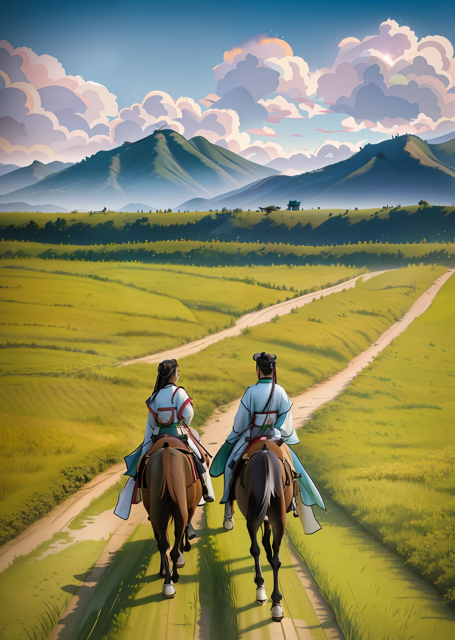 there are two people riding horses in a field of green grass, cinematic silk road lanscape, korean countryside, hanfu, from three kingdoms, the see horse valley, 4k), 4 k ), 4 k post, 4k post, inspired by Shin Saimdang, by Fei Danxu, japan rural travel, inspired by Yun Du-seo