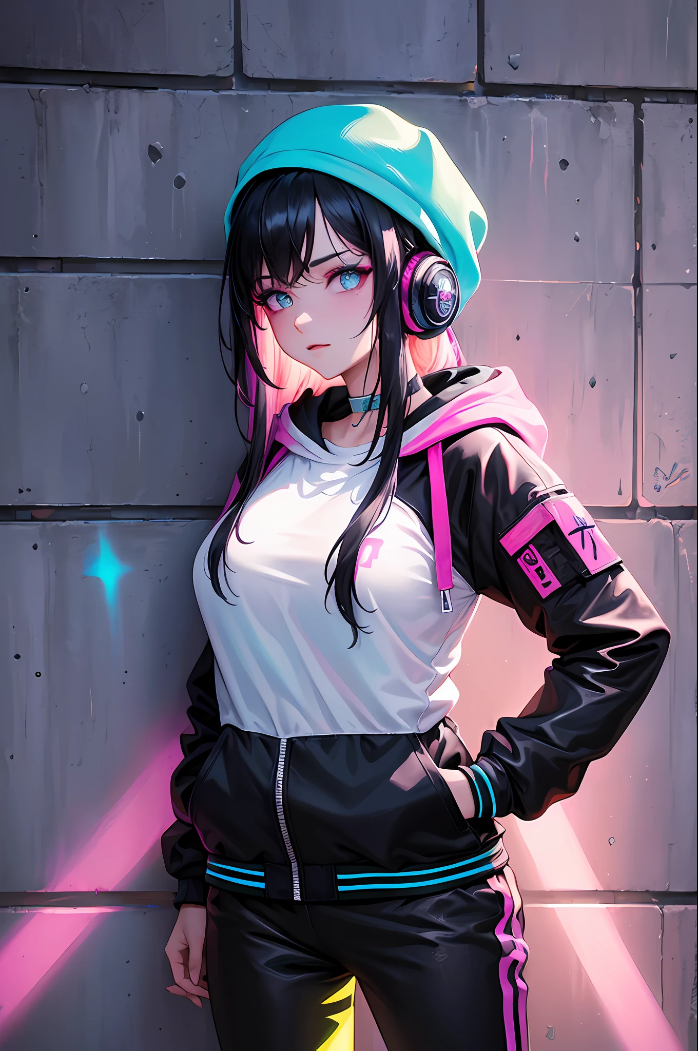 (Masterpiece:1.2), best quality, (illustration:1.2), (ultra-detailed),Eye focus,(Masterfully crafted Glow, pink lens flare), (Cinematic background), hyper details,(delicate detailed), (intricate details), octane render, hdr, (hyperdetailed:1.15), (((colourful))),(soft light:1.2), 1girl, beautiful girl, ultra detailed eyes, mature, plump, thick, rainbow painting drops, paint teardrops, woman made up from paint, entirely paint, splat, splash, (outside), (bioluminescent hair:1.1),(glowing eyes), ((makeup)),(Cinematic masterpiece), fierce, powerful, splashes of colour absolutely eye-catching, (Cinematic headlight), (realistic bounce lighting:1.2),((caustic)), dynamic angle, beautiful detailed glow, ambient occlusion, ambient light, raytraced reflections,(best illumination, an extremely delicate and beautiful), ((cinematic light)), (soft:2), (whimsical:2) , intricate background, vibrant, dreamscape, (painting graffiti:1.3), (glowing tail), (painted city landscape), (Urban),(realistic urban fashion), (expressive:1.2), good form, athletic , (mirrored world), (long flowing black hair:1.1), wavy hair, (colourful hair highlights),(Cyberpunk Techwear Japanese Streetwear Longline Hoodie),(Cyberpunk Streetwear Kanji Joggers), glowing headphones, beanie, (graffiti wall), unfinished graffiti, ghetto,(looking at wall:2),black hoodie, (backwall present),(holding spraycan:1.3), (colourful mist), buckles, belts, straps, a girl standing in front of a graffiti wall, cyberpunk art, by LAM, Mika Pikazo, graffiti, techwear jacket, black gloves, with buckle and tape