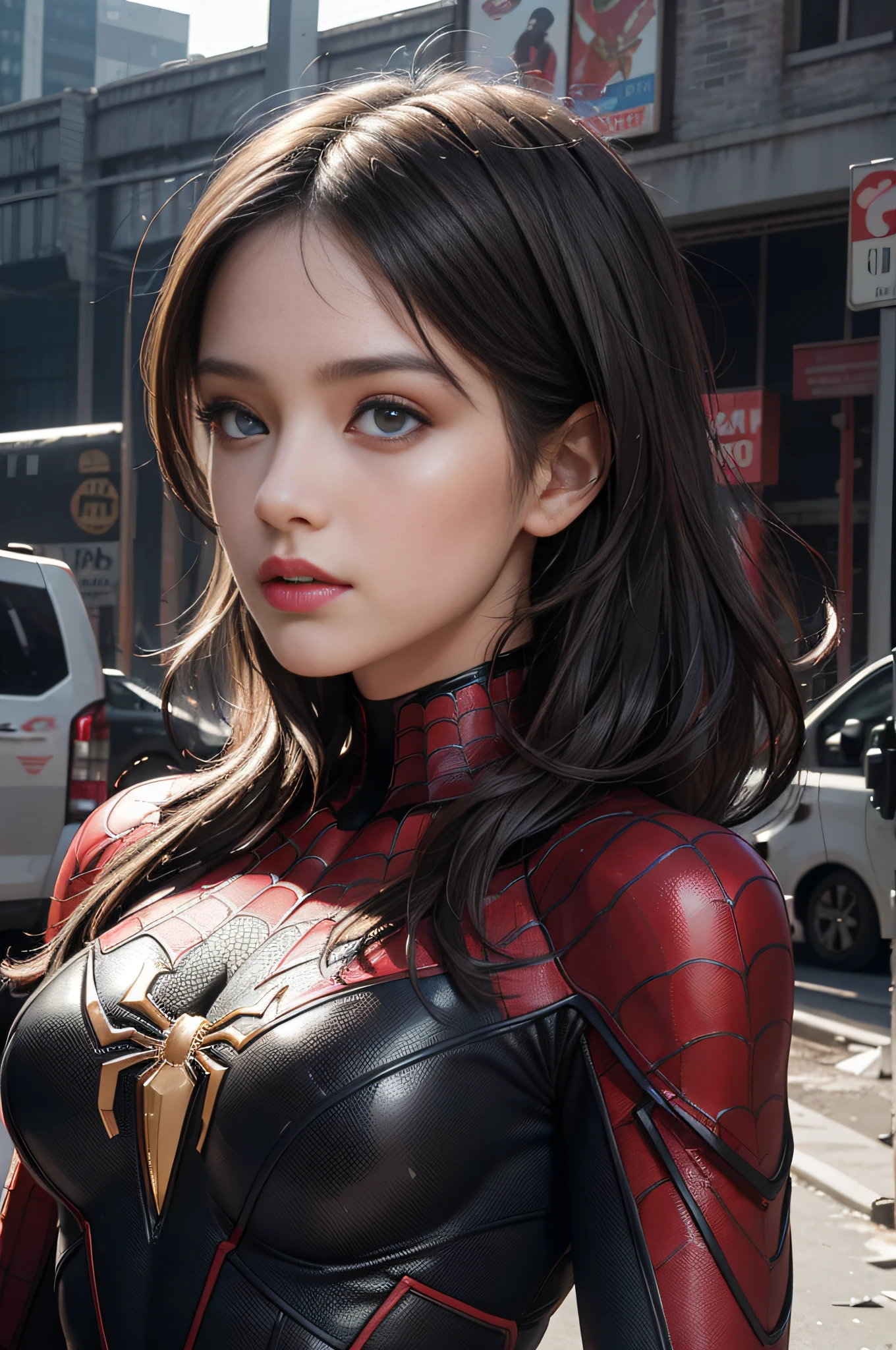 (1girl:1.3), solo, (((extremely detailed face))),(((extremely detailed eyes and face))),beautiful detailed eyes,body-parts__, official art, unified 8k wallpaper, super detailed, beautiful and aesthetic, beautiful, masterpiece, best quality, raw, masterpiece, super fine photo, best quality, super high resolution, photorealistic realism, sunlight, full body portrait, amazing beauty,, dynamic pose, delicate face, vibrant eyes, (from the front), she is wearing a Spider-man suit, red and black color scheme, spider, very detailed abandoned warehouse background, Detailed face, detailed complex busy background, messy, gorgeous, milky white, highly detailed skin, realistic skin details, visible pores, sharp focus, volumetric fog, 8k uhd, DSLR, high quality, film grain, fair skin, photo realism, lomography, huge metropolis in future dystopia, seen from below, translucent
