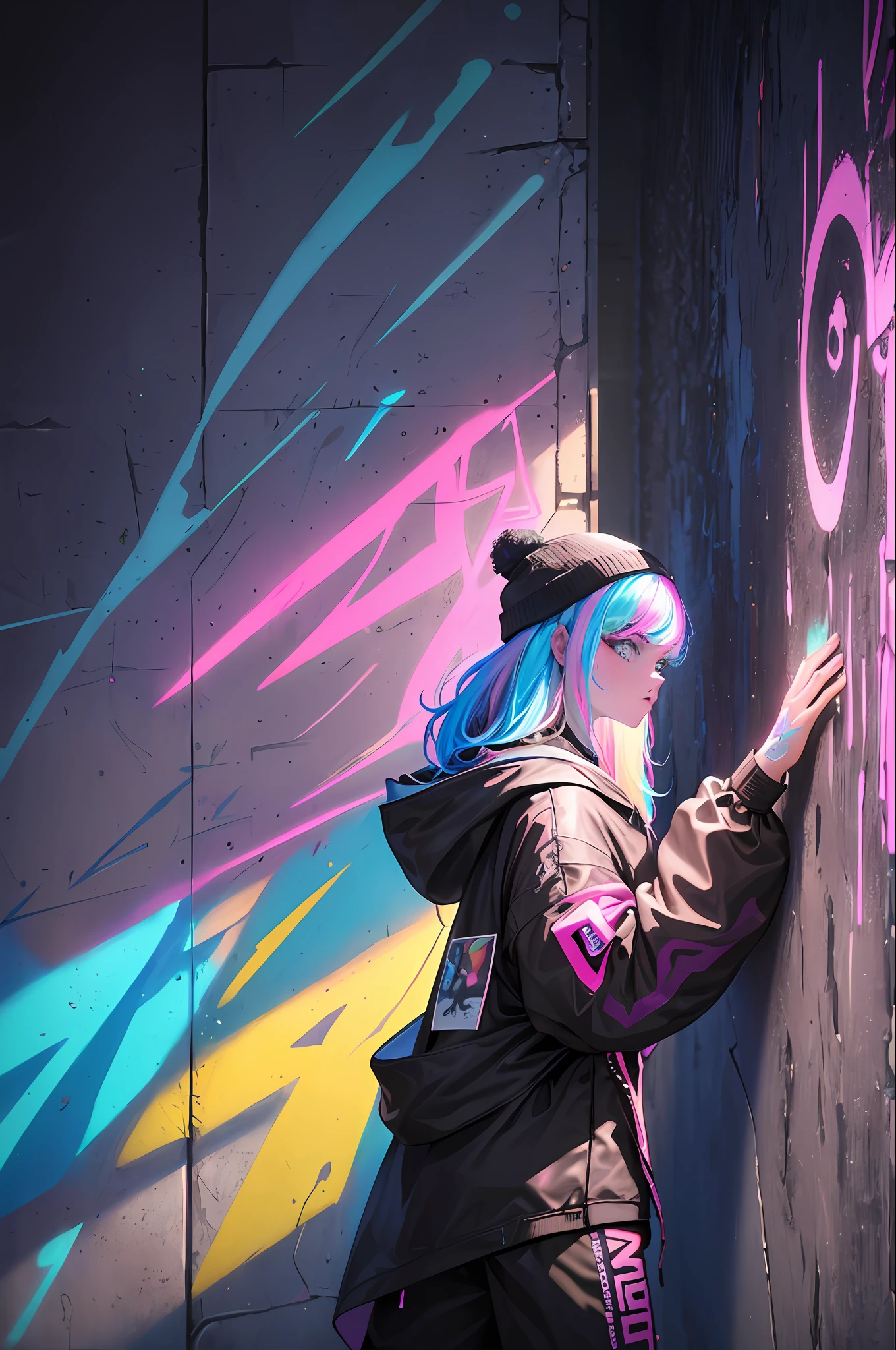 (Masterpiece:1.2), best quality, (illustration:1.2), (ultra-detailed),Eye focus,(Masterfully crafted Glow, pink lens flare), (Cinematic background), hyper details,(delicate detailed), (intricate details), octane render, hdr, (hyperdetailed:1.15), (((colourful))),(soft light:1.2), 1girl, beautiful girl, ultra detailed eyes, mature, plump, thick, rainbow painting drops, paint teardrops, woman made up from paint, entirely paint, splat, splash, (outside), (bioluminescent hair:1.1),(glowing eyes), ((makeup)),(Cinematic masterpiece), fierce, powerful, splashes of colour absolutely eye-catching, (Cinematic headlight), (realistic bounce lighting:1.2),((caustic)), dynamic angle, beautiful detailed glow, ambient occlusion, ambient light, raytraced reflections,(best illumination, an extremely delicate and beautiful), ((cinematic light)), (soft:2), (whimsical:2) , intricate background, vibrant, dreamscape, (painting graffiti:1.3), (glowing tail), (painted city landscape), (Urban),(realistic urban fashion), (expressive:1.2), good form, athletic , (mirrored world), (long flowing black hair:1.1), wavy hair, (colourful hair highlights),(Cyberpunk Techwear Japanese Streetwear Longline Hoodie),(Cyberpunk Streetwear Kanji Joggers), glowing headphones, beanie, (graffiti wall), unfinished graffiti, ghetto,(looking at wall:2),black hoodie, (backwall present),(holding spraycan:1.3), (colourful mist), buckles, belts, straps, a girl standing in front of a graffiti wall, cyberpunk art, by LAM, Mika Pikazo, graffiti, techwear jacket, black gloves, with buckle and tape