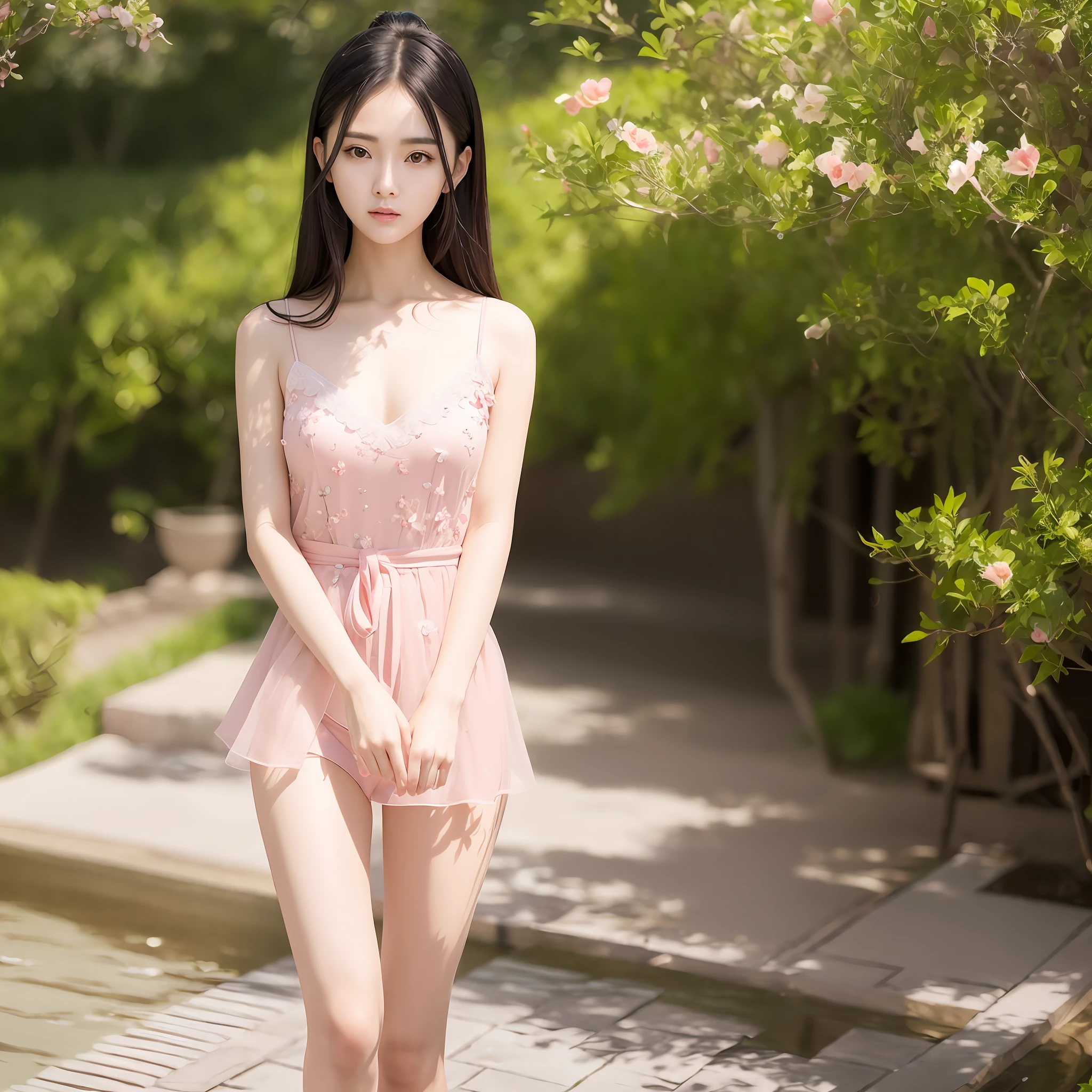 Chinese star Ju Jingyi gentle and lovely Chinese beautiful woman, upper body photo, delicate sexy collarbone, double eyelids, flexible peach blossom eyes, pink lips, small upturned nose, focused face, face close-up, ultra-high definition, super details, elegant standing posture, with booties, fresh and sweet