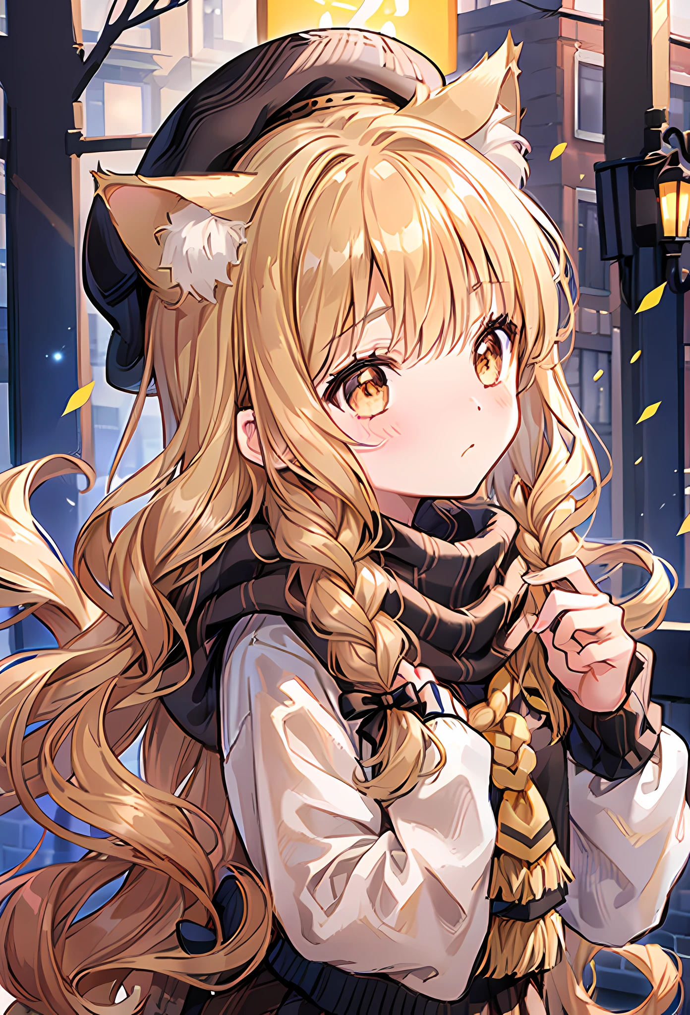 1girl, perfect face, golden brown long hair, bridge braided hair, curly hair, cat ears, perfect cat ears, golden amber brown eyes, blushing, blank expression, black beret, date clothes, checkered white and light brown scarf, brown knitted loose fleece jacket, white undershirt, brown and white checkered skirt, loose fitted socks, black shoes