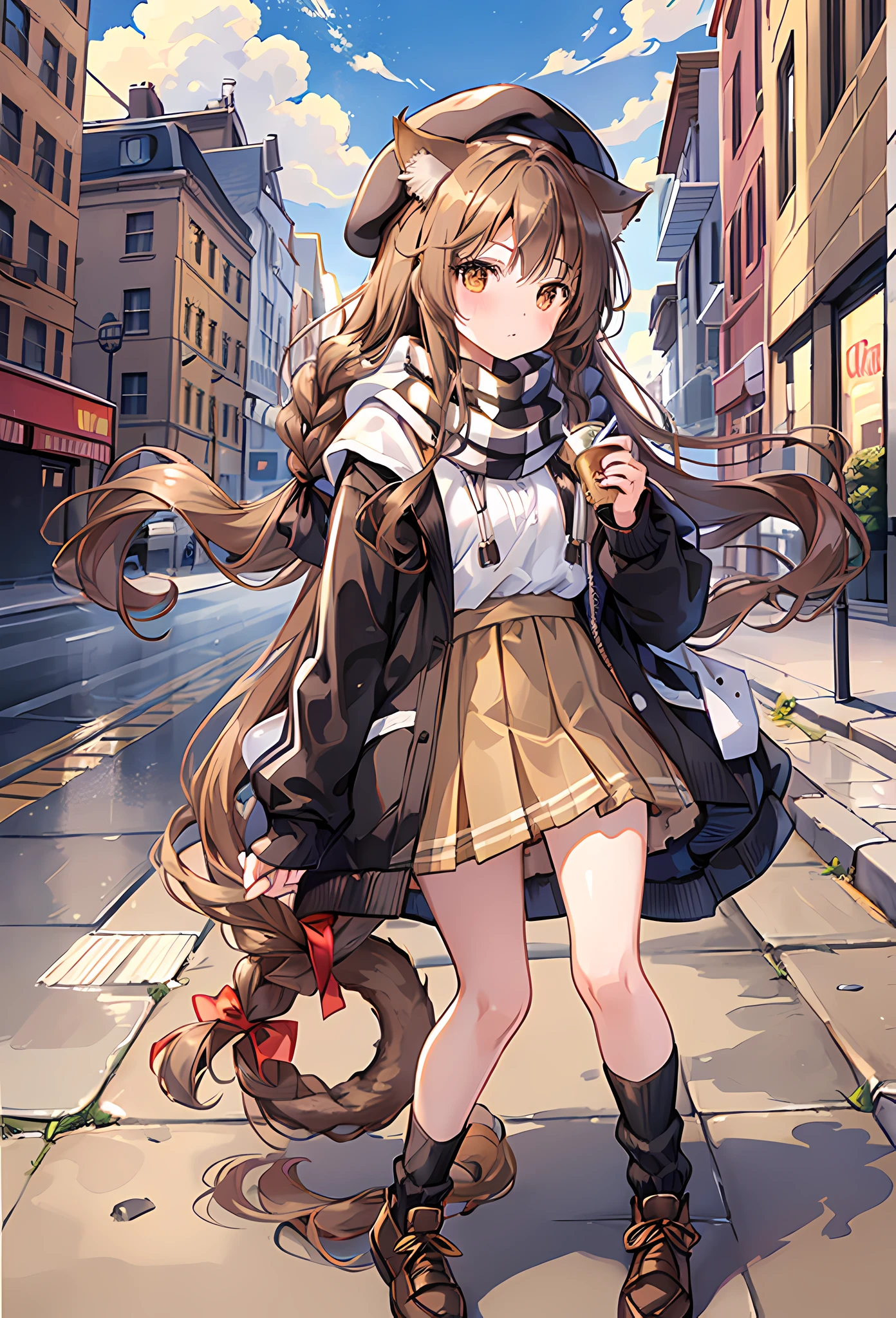 1girl, perfect face, golden brown long hair, bridge braided hair, curly hair, cat ears, perfect cat ears, golden amber brown eyes, blushing, blank expression, black beret, date clothes, checkered white and light brown scarf, brown knitted loose fleece jacket, white undershirt, brown and white checkered skirt, loose fitted socks, black shoes