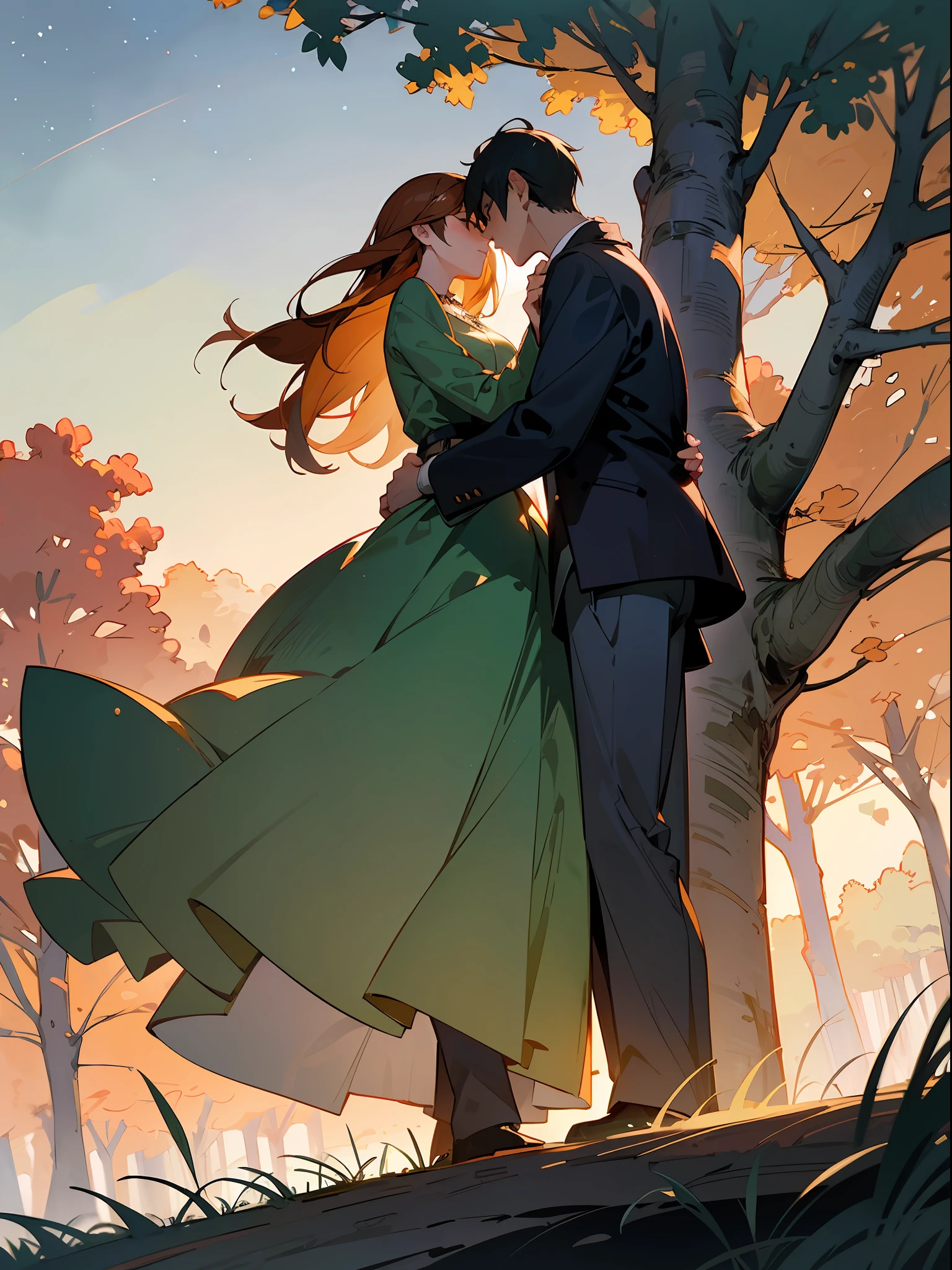 At sunset, (landscape painting), sunset, a couple, embrace together, romantic attitude, (Impressionism style), trees, breeze, (background is empty), atmosphere of love, (long-term intimate relationship), quiet night, starry sky