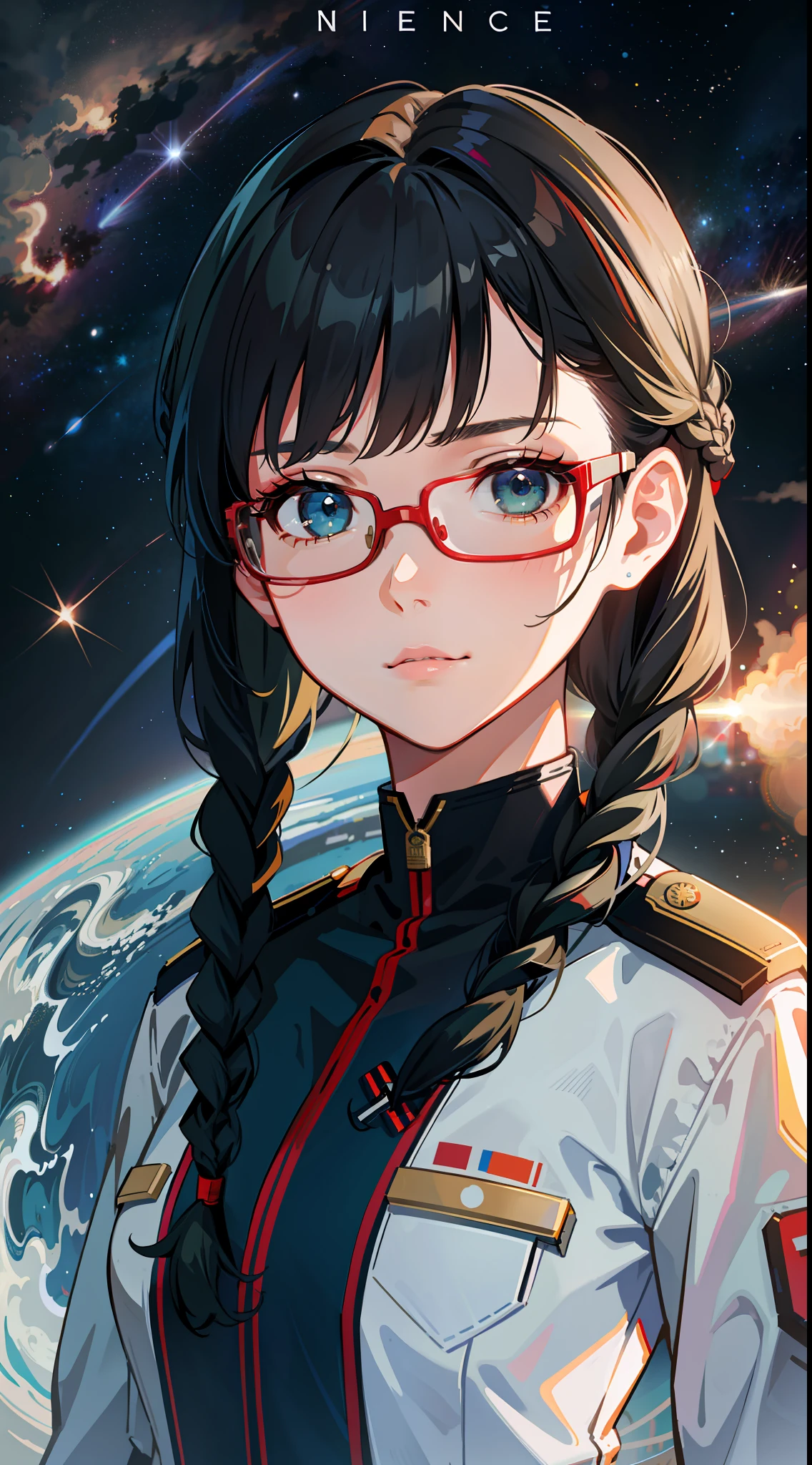 Movie Poster,((Braid Hairstyle : 1.5)),Anime Reference 86 ,Science Fiction,Sci-Fi,Movies,War Action Movies,Space,Atmosphere,Sky,Battleship,Multiple Characters,Women,Adults,Green Eyes,Black Hair,(Pia bangs hairstyle) : 1.8 ),(Red Glasses),Still Eyes,General Uniform,White Commander Uniform,Realistic Face Details,Realism,3D Face,