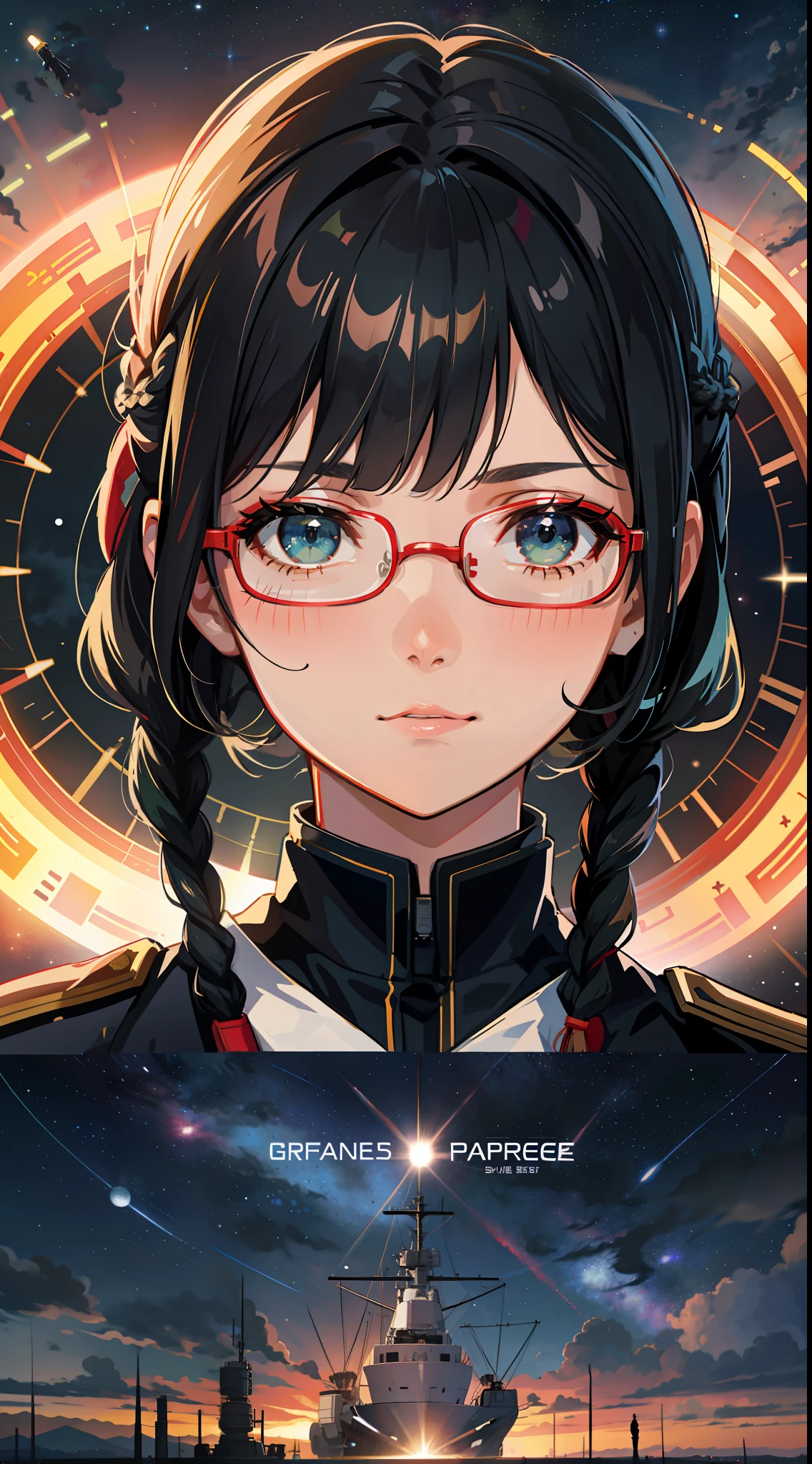 Movie Poster,((Braid Hairstyle : 1.5)),Anime Reference 86 ,Science Fiction,Sci-Fi,Movies,War Action Movies,Space,Atmosphere,Sky,Battleship,Multiple Characters,Women,Adults,Green Eyes,Black Hair,(Pia bangs hairstyle) : 1.8 ),(Red Glasses),Still Eyes,General Uniform,White Commander Uniform,Realistic Face Details,Realism,3D Face,