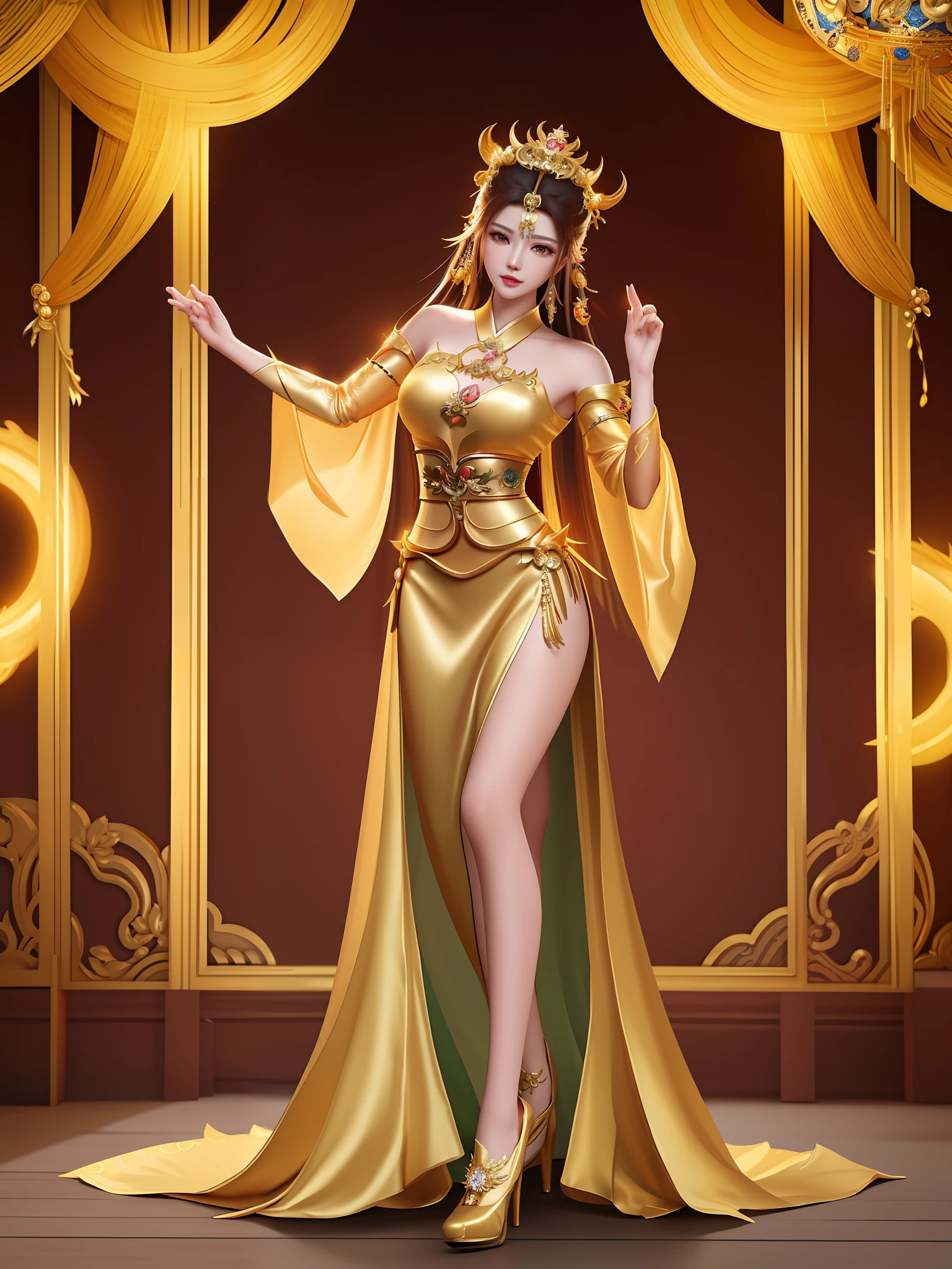 a woman in a gold dress posing for a picture, tanny skin, queen of the final fantasy, amazon queen, rendering of beauty pageant, sha xi, diablo queen, xianxia fantasy, shan shui, artificial intelligence princess, women full body, dragon queen, elegant gold skin, slim female figure, korean mmo, dressed as a queen, magazine ad with high heels