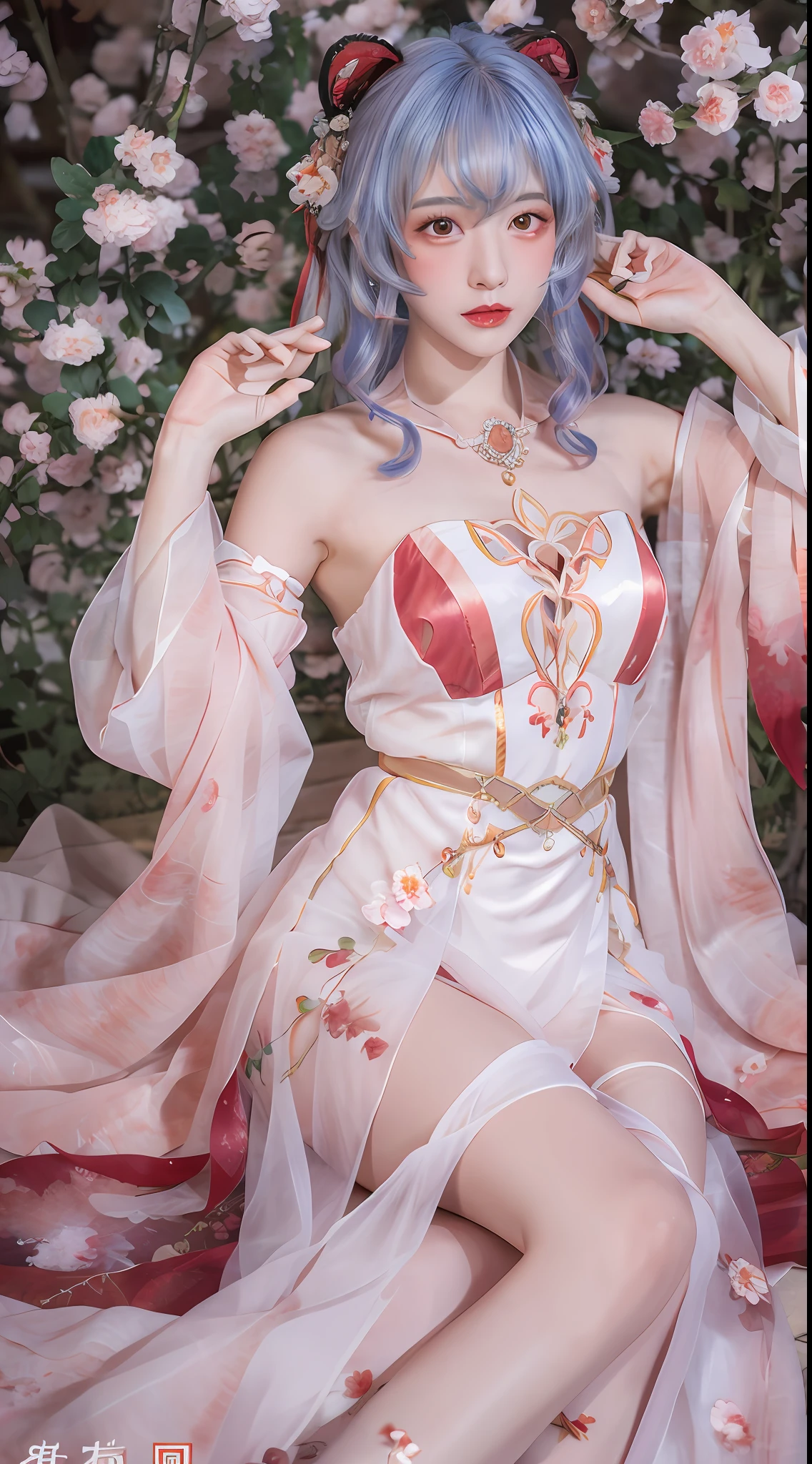The highest quality, masterpiece, colorful, exquisite CG, crystal, red peach blossom anthropomorphic, lying all over the petals, delicate and beautiful face, beautiful eyes, watercolor, splashed ink, Chinese painting, red crystal eyes, brown costume long hair, Hanfu, Chinese costume clothing, tulle, exquisite and complex peach blossom hair ornaments, pink + red peach blossoms, mist, starlight, highlight, withering falling light spots, rich picture, absolutely beautiful, charming, perfect, dreamy modification, ultra-clear, HD, 8k