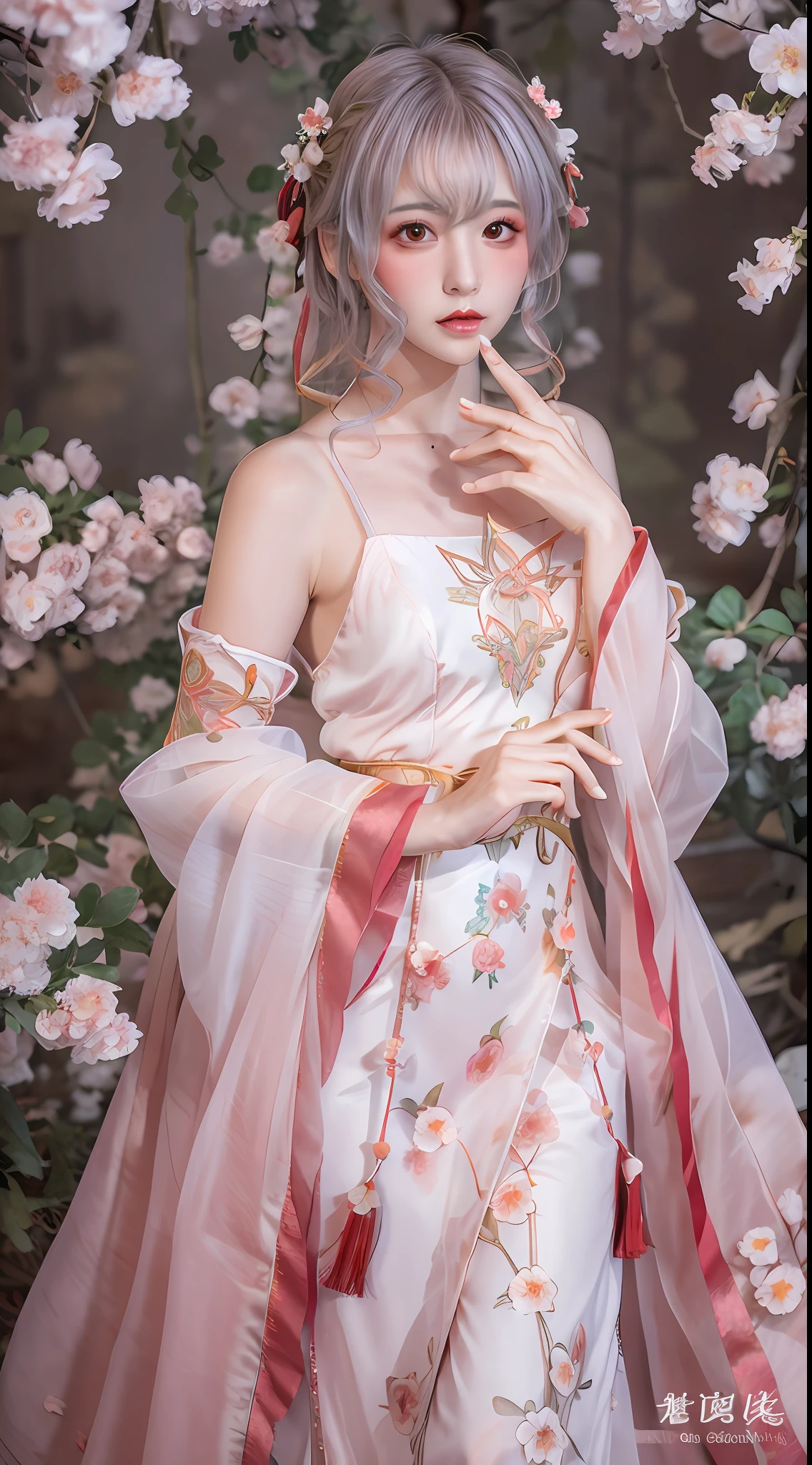 The highest quality, masterpiece, colorful, exquisite CG, crystal, red peach blossom anthropomorphic, lying all over the petals, delicate and beautiful face, beautiful eyes, watercolor, splashed ink, Chinese painting, red crystal eyes, brown costume long hair, Hanfu, Chinese costume clothing, tulle, exquisite and complex peach blossom hair ornaments, pink + red peach blossoms, mist, starlight, highlight, withering falling light spots, rich picture, absolutely beautiful, charming, perfect, dreamy modification, ultra-clear, HD, 8k