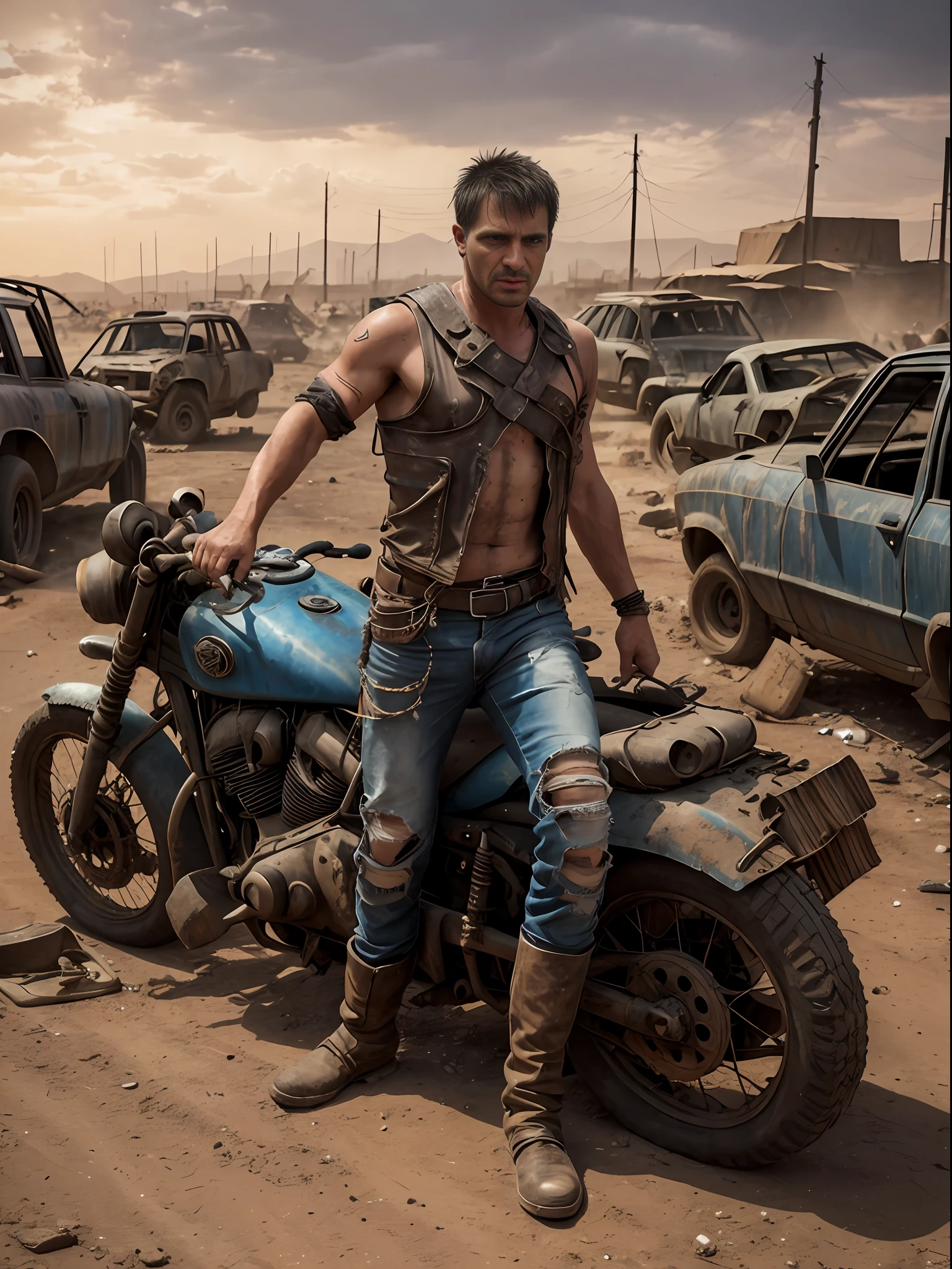 Mad Max transcends the concept of Thunder Dome, refugees from many different countries (both men and women) in the future apocalypse, looking at the audience, blurred background, upper body, toned body, bracers, apocalypse, shabby city, smoke everywhere, filthy all over, tight and tattered dirty clothes, shabby cars and motorcycles, dry smiles, power poses, hot, crazy, surrounded by a large group of refugees supporting them