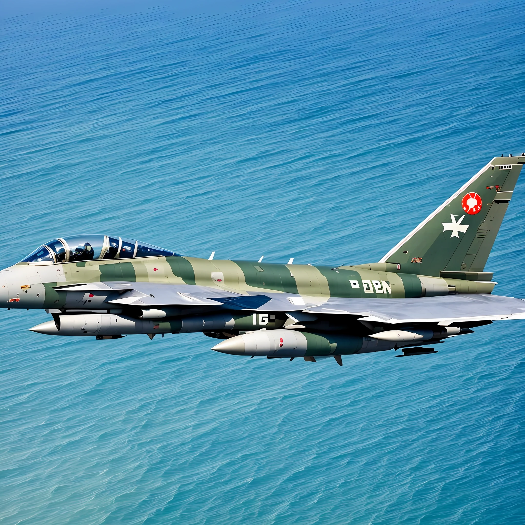 A Japan military jet fighter in camouflage, flying over the Pacific Ocean --auto --s2