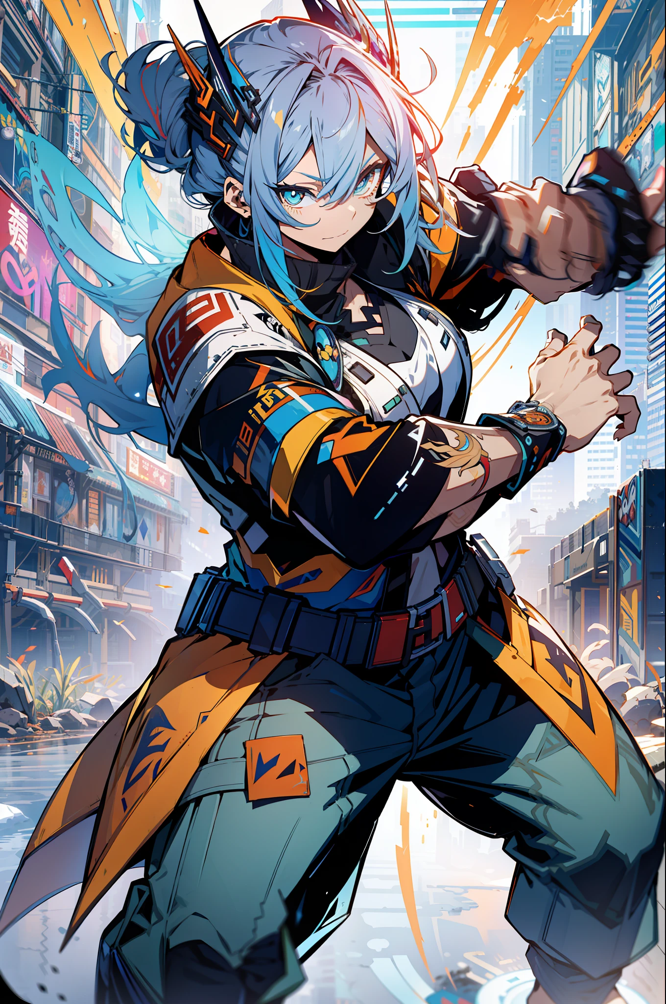 background, mixed-language_text, Japanese letters in graffit, boys and girls together, excellent lighting, sidelighting, (), vhsKeeper,, style GUILTY GEAR -STRIVE perfect ultimate (flat color: 1.3), (magazine_cover: 1.4), (multicolored_background: 1.3), striped_background, card_background, :: comix style by joe madureira :: circular pieces of white metals glued to the arms coming out shimmering yellow glow, , perfect and detailed, ultra detailed shirt with abstract design and with print of Japanese letters in graffit of the sides of the clothing, image of boys and girls full body fighting next to you with powerful dragons versus alien creature full of tentacles , with immersive effects, hover effect, background style graffiti tribal tattoo with vibrant colors "HDR ultra" detailed and with focus effect, (masterpiece: 1.2, best quality), (Beautiful eyes finely detailed: 1.2), , ((Solo)), (Finely detailed eyes and detailed face :1.3), in various full-body attack poses, (cute background: 1.2),futuristic costume, Super detailed circular metals Clinging to arms and pants, fantastic paintings