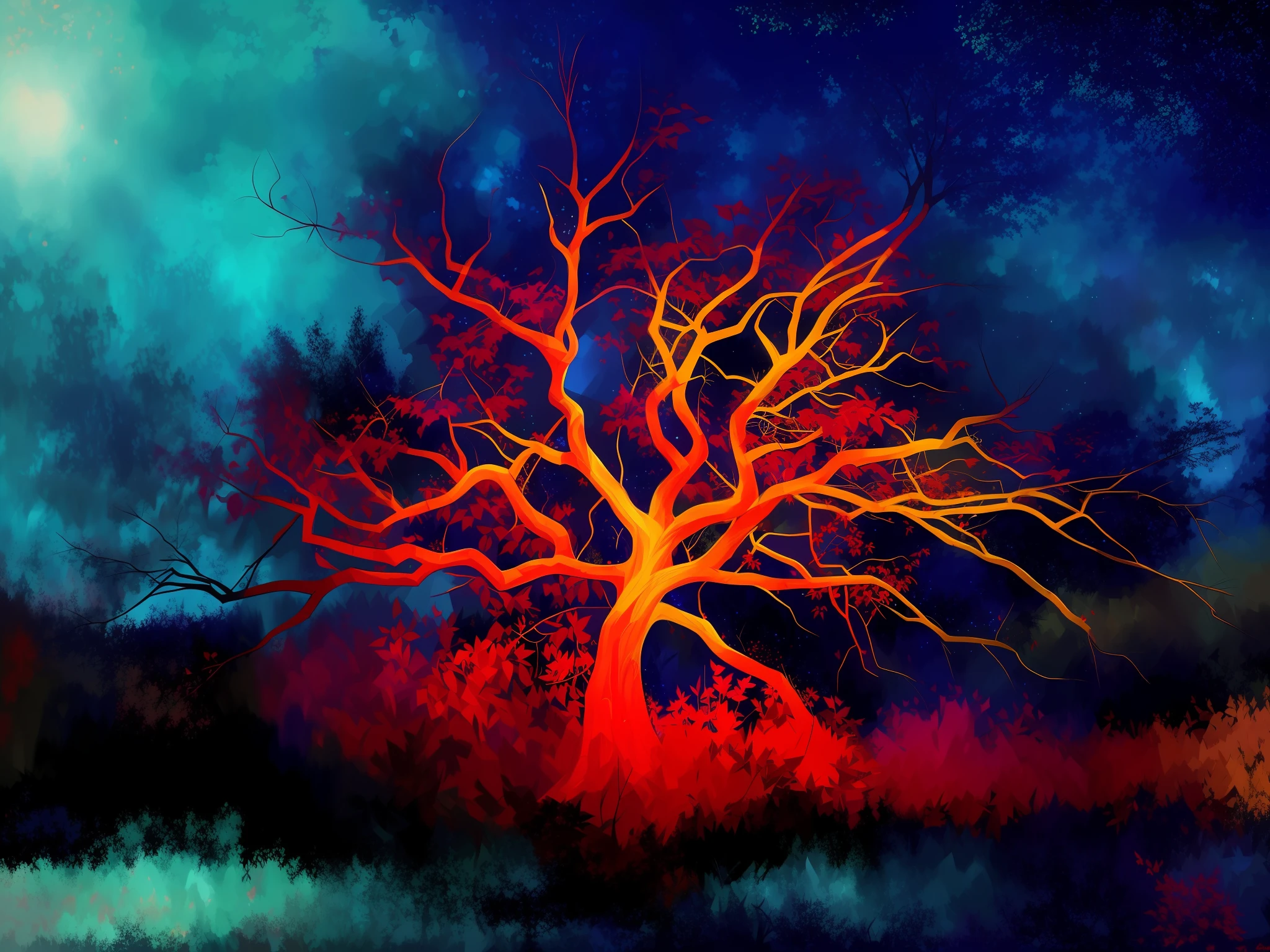 painting of a tree with red leaves and a blue sky, colorful otherworldly trees, vibrant deep saturated colors, fantasy tree, cosmic tree, light red and deep blue mood, artistic digital art, vibrant but dreary red, abstract nature, colorful with red hues, the tree of life, eerie colors, cosmic tree of life, cubism painting of a tree