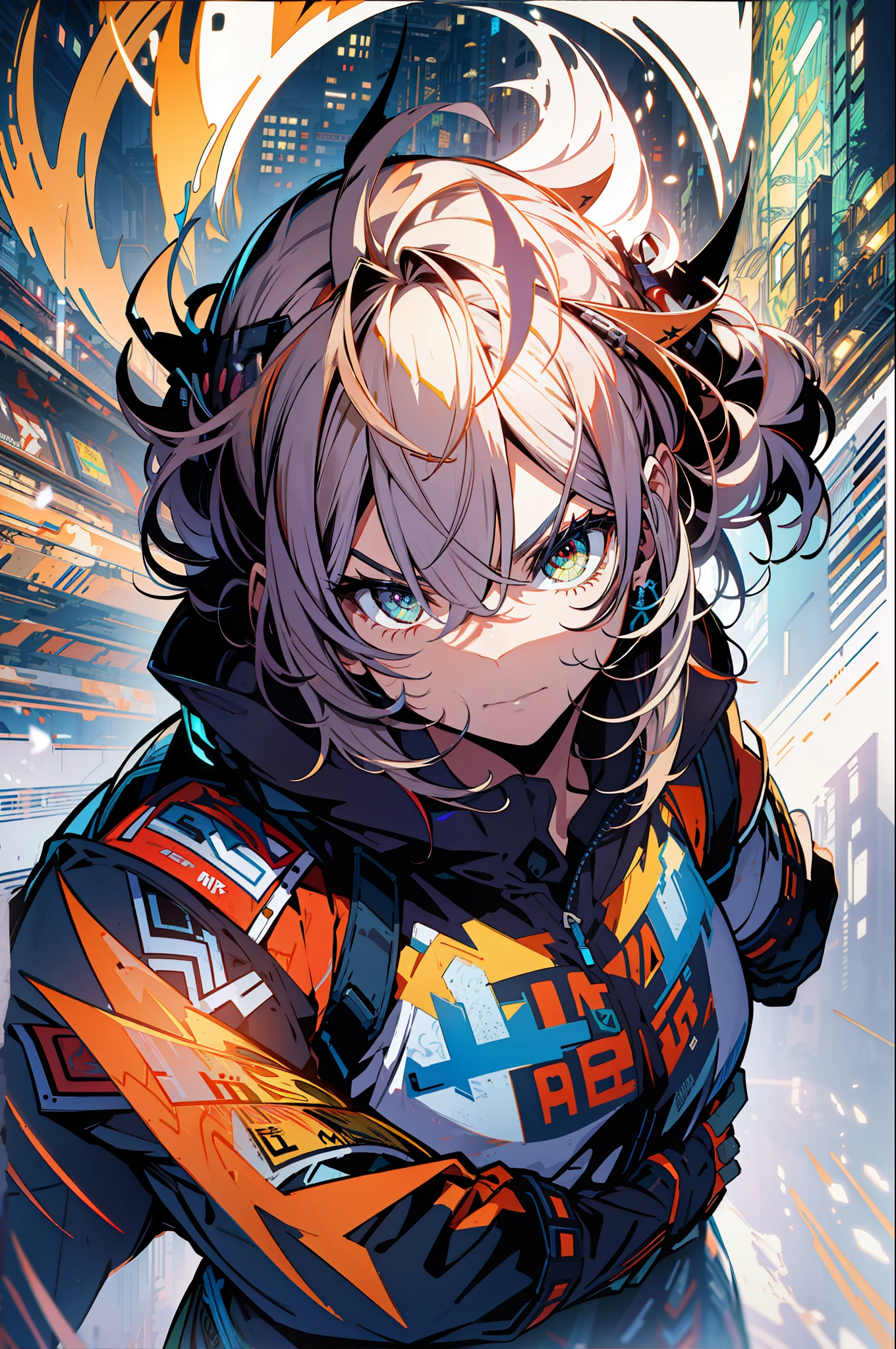 background, mixed-language_text, Japanese letters in graffit, boys and girls together, excellent lighting, sidelighting, (), vhsKeeper,, style GUILTY GEAR -STRIVE perfect ultimate (flat color: 1.3), (magazine_cover: 1.4), (multicolored_background: 1.3), striped_background, card_background, :: comix style by joe madureira :: circular pieces of white metals glued to the arms coming out shimmering yellow glow, , perfect and detailed, ultra detailed shirt with abstract design and with print of Japanese letters in graffit of the sides of the clothing, image of boys and girls full body fighting next to you with powerful dragons versus alien creature full of tentacles , with immersive effects, hover effect, background style graffiti tribal tattoo with vibrant colors "HDR ultra" detailed and with focus effect, (masterpiece: 1.2, best quality), (Beautiful eyes finely detailed: 1.2), , ((Solo)), (Finely detailed eyes and detailed face :1.3), in various full-body attack poses, (cute background: 1.2),futuristic costume, Super detailed circular metals Clinging to arms and pants, fantastic paintings