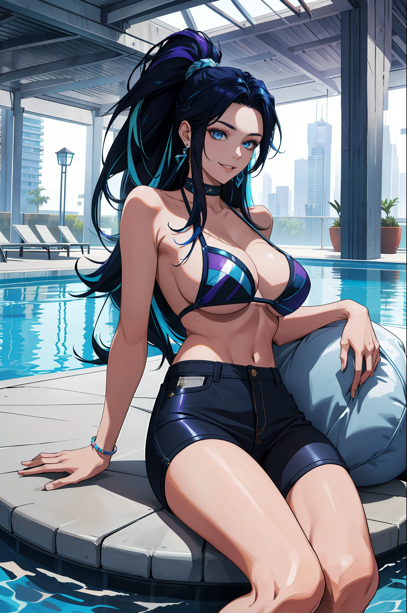 masterpiece, best quality, highres, Kai'sa1, 1girl, solo, blue black hair, k/da \(league of legends\), very long hair, multicolored hair, ponytail, blue eyes, earrings, two-tone hair, large breasts, poolside, micro bikini, smile, sitting